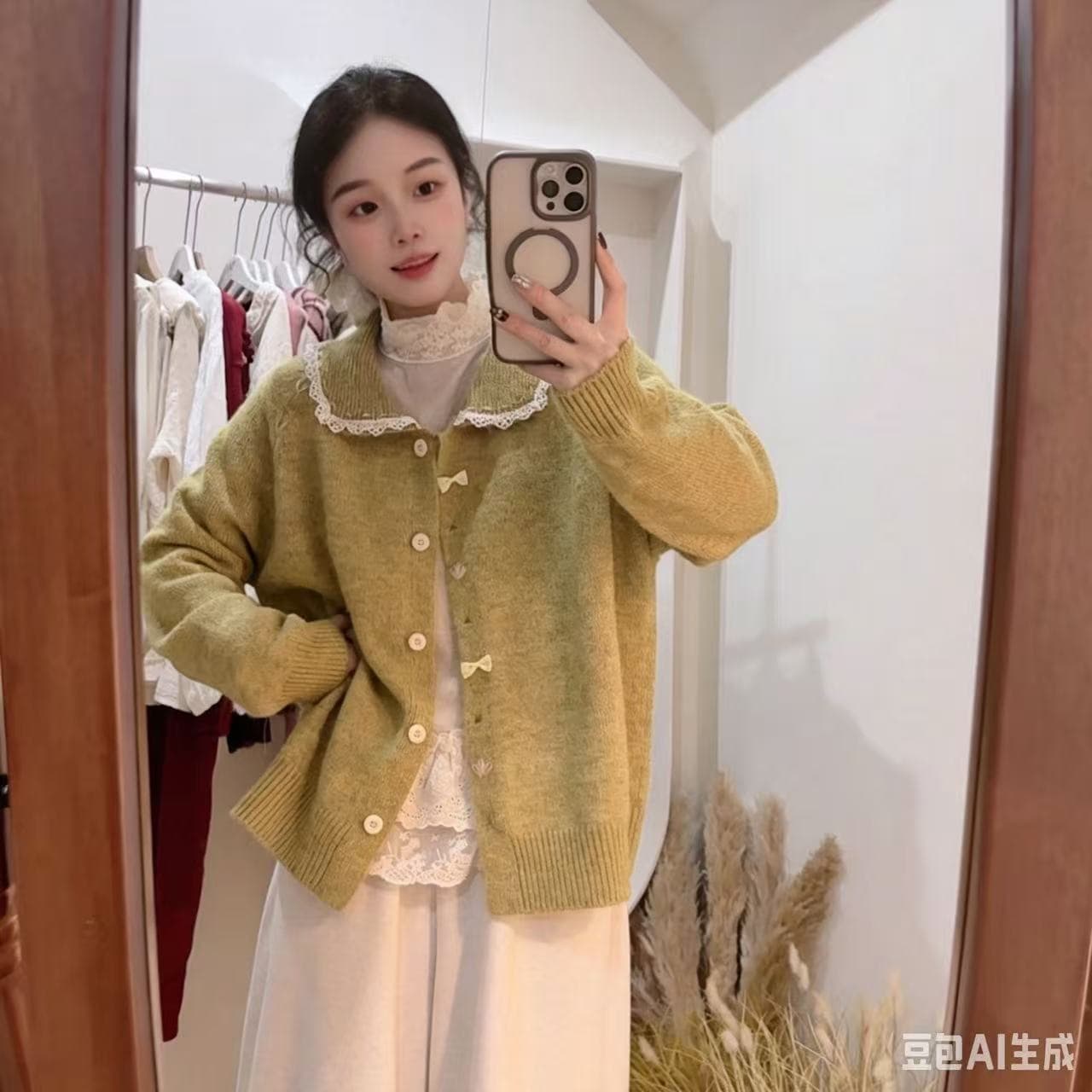 모리 소녀 작은 폴로 칼라 니트 오픈 가디건 여성 루즈핏 다용도 작은 청신 연령 감소 단색 레이스 패치워크 스웨터 코트 상세 이미지 5