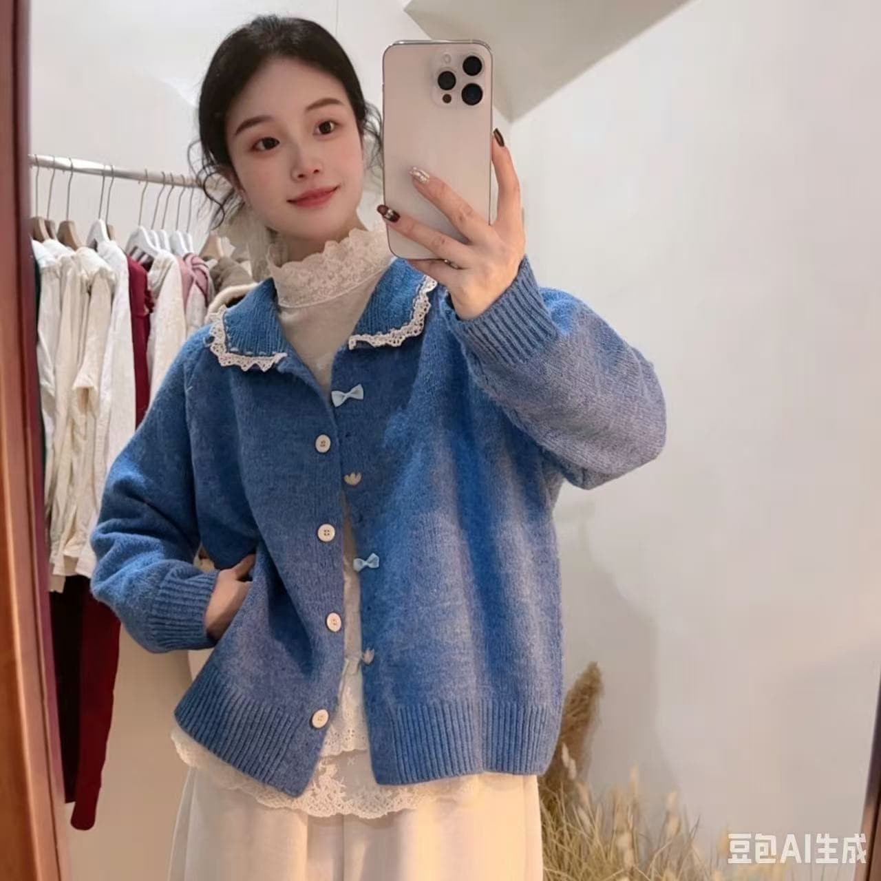 모리 소녀 작은 폴로 칼라 니트 오픈 가디건 여성 루즈핏 다용도 작은 청신 연령 감소 단색 레이스 패치워크 스웨터 코트 상세 이미지 7