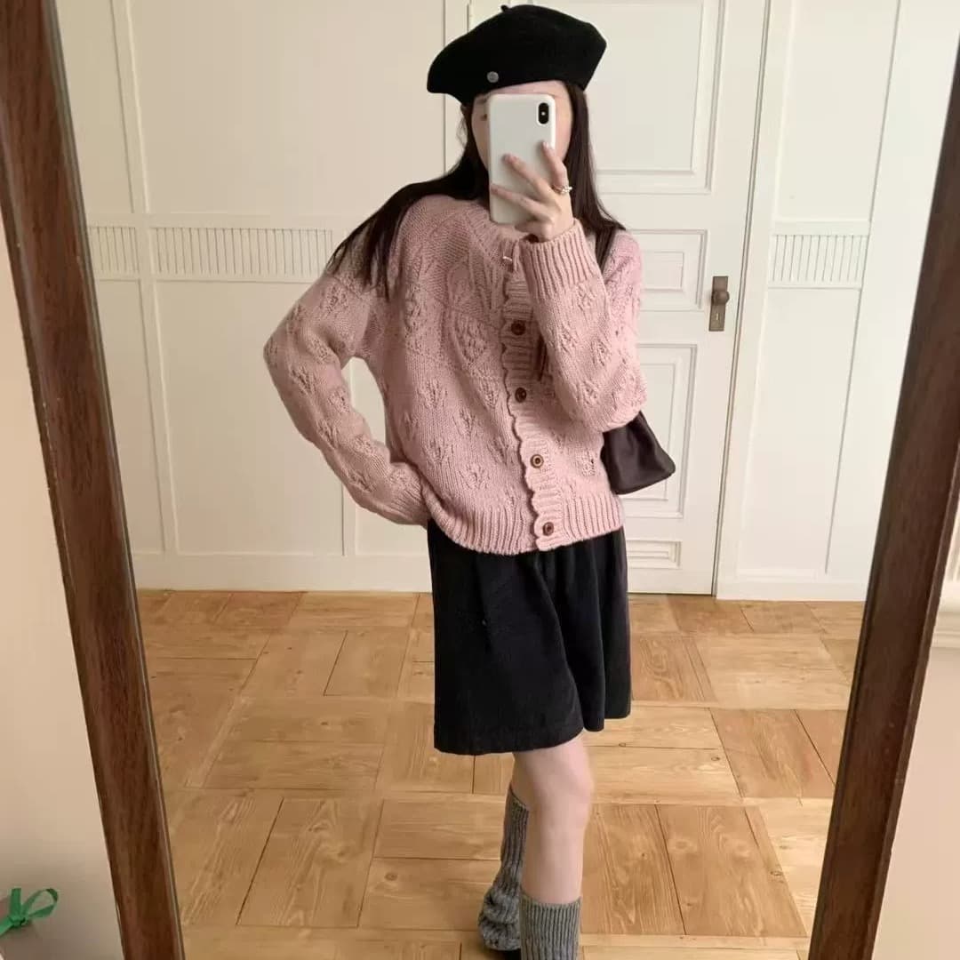 가을 겨울 의류 레트로 vintage 일본식 홀로우 아웃 꽈배기 완두콩 오픈 가디건 풀오버 수공 짜임 스웨터 여자 이미지 3