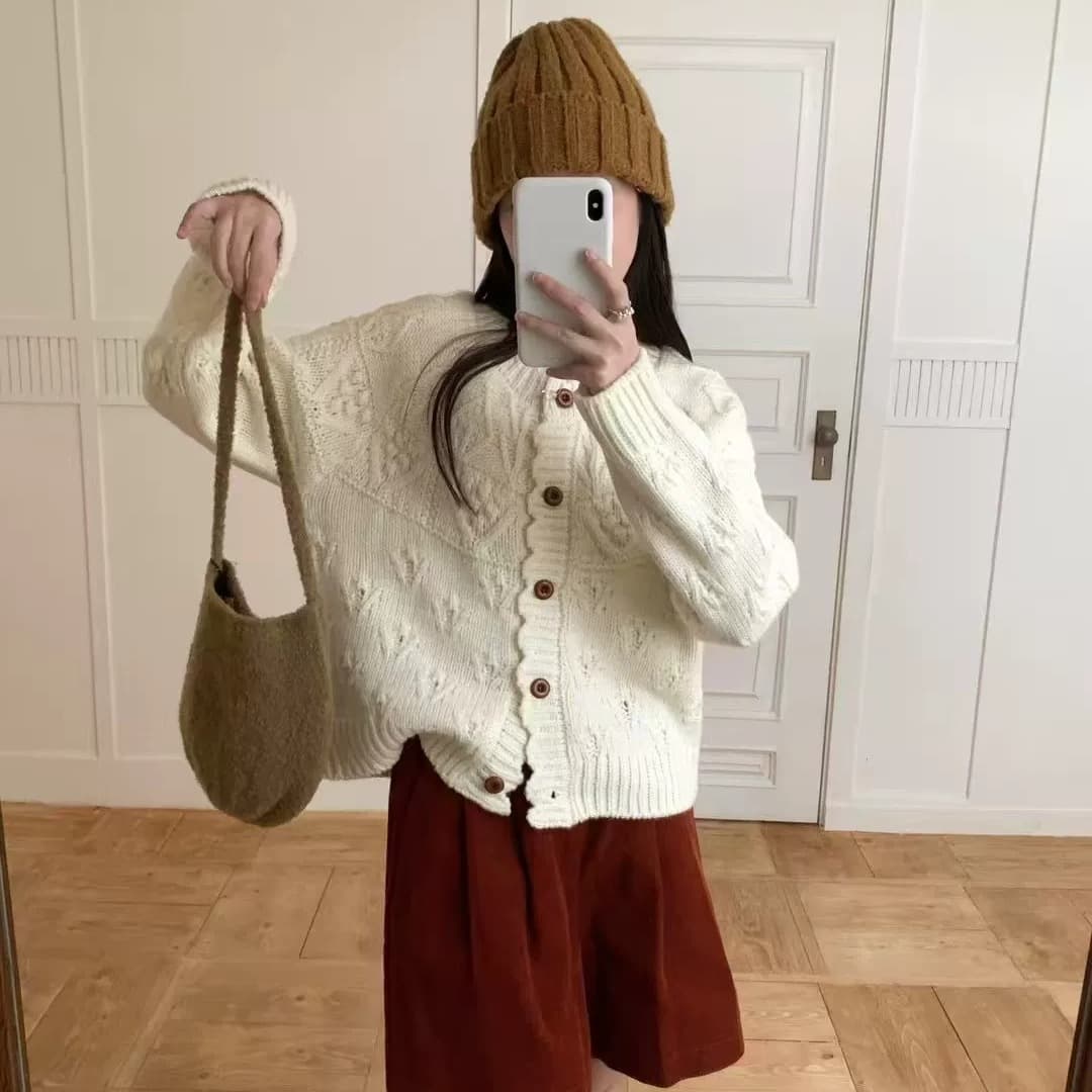 가을 겨울 의류 레트로 vintage 일본식 홀로우 아웃 꽈배기 완두콩 오픈 가디건 풀오버 수공 짜임 스웨터 여자 이미지 2