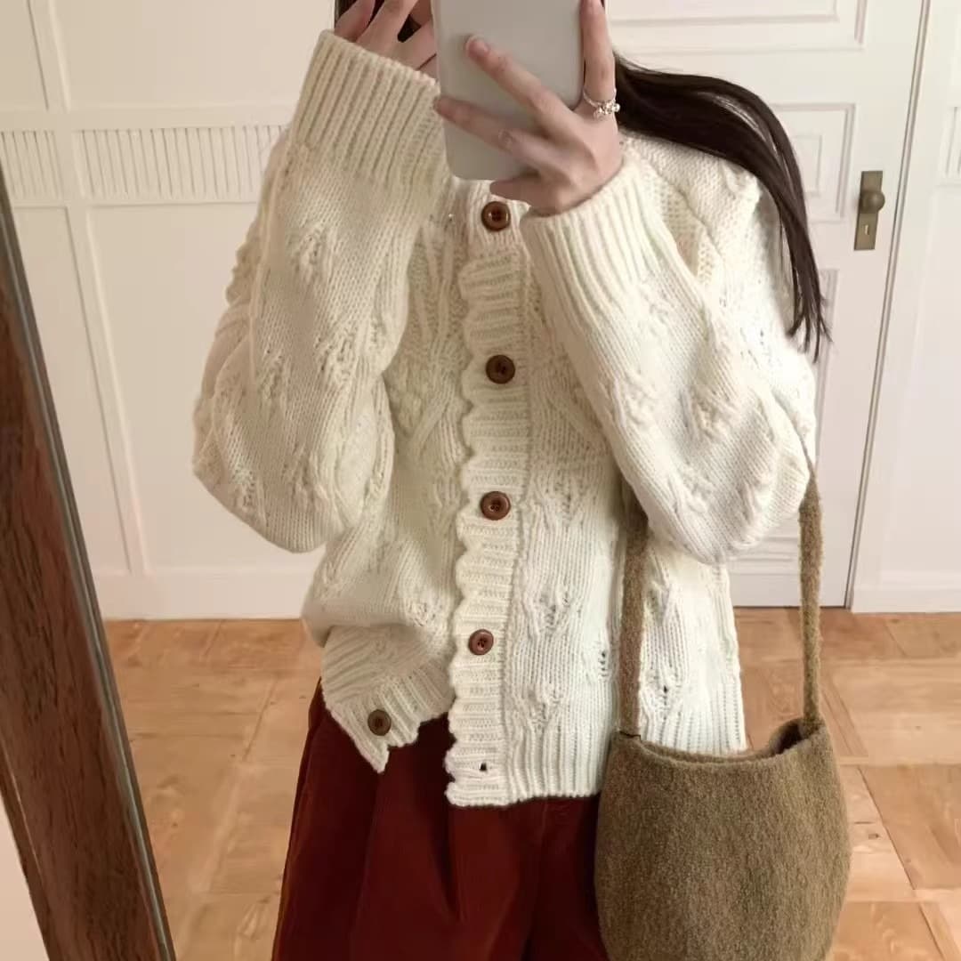 가을 겨울 의류 레트로 vintage 일본식 홀로우 아웃 꽈배기 완두콩 오픈 가디건 풀오버 수공 짜임 스웨터 여자 이미지 5