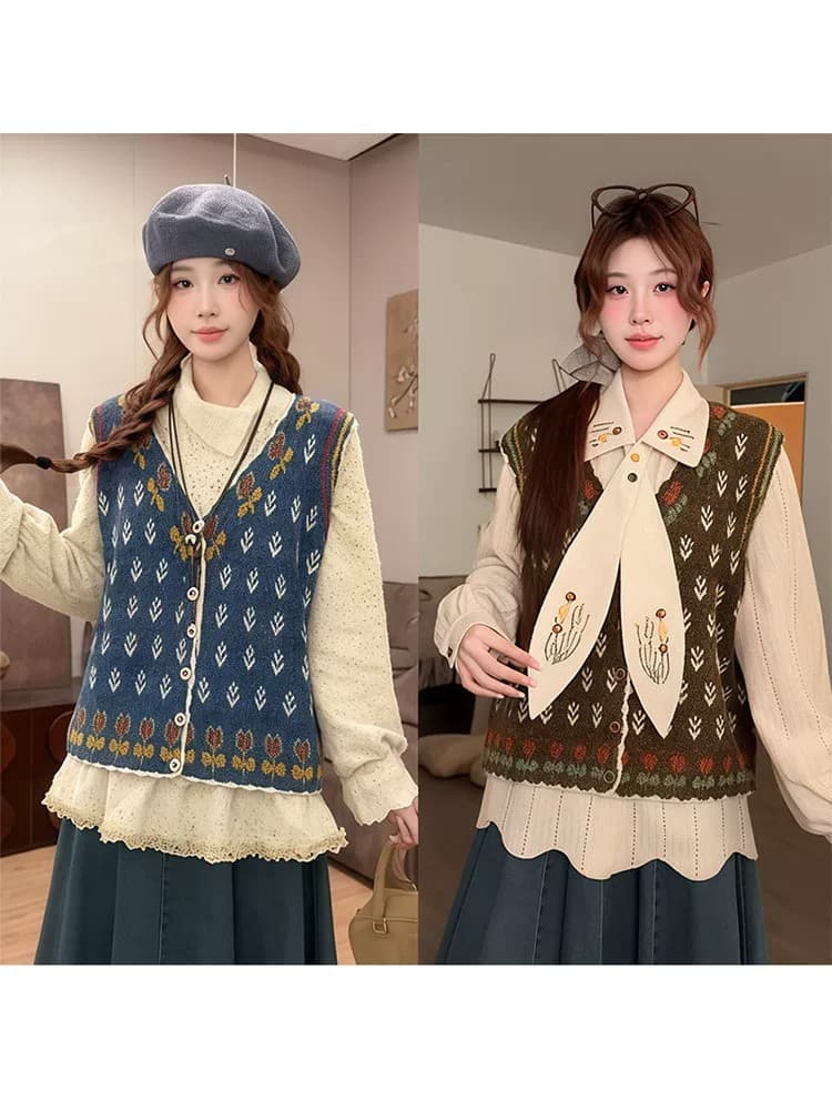 이른 봄 새로운 레트로 자수 V넥 니트 조끼 여자 문예 바람 쇼트 스타일 민소매 스택 착용 외부 가져 가라. 어깨 맨위