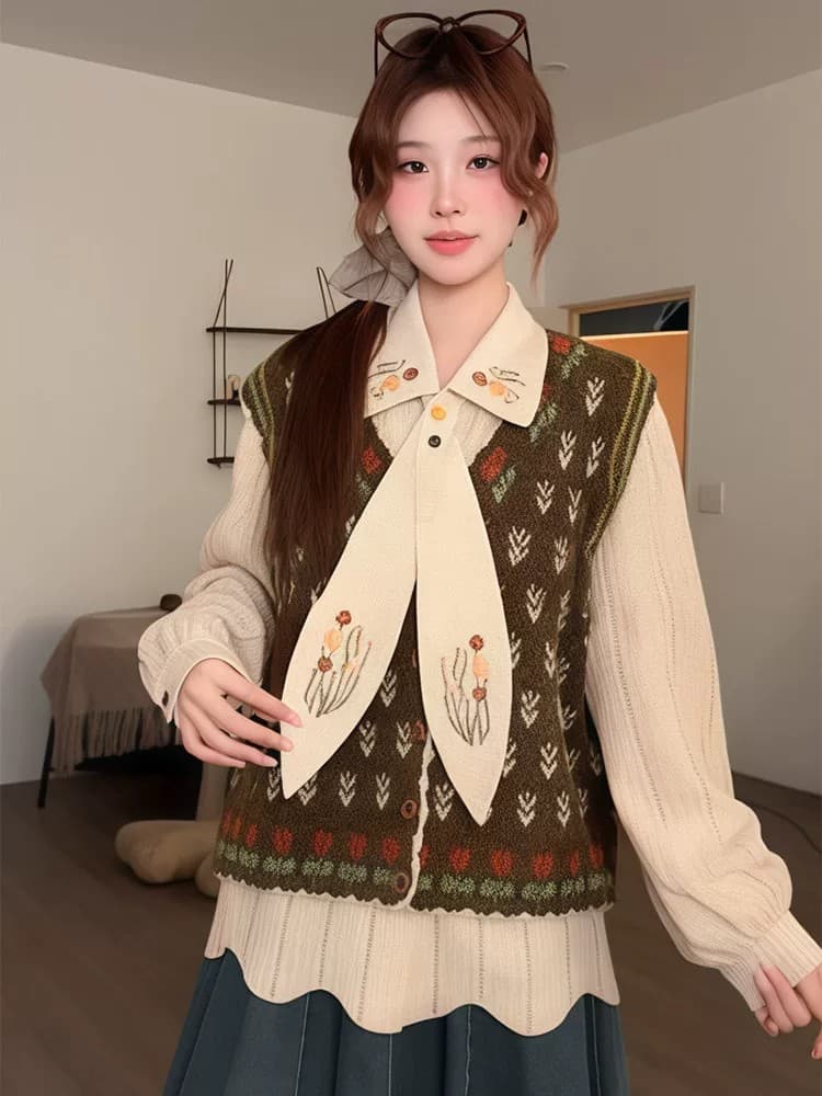이른 봄 새로운 레트로 자수 V넥 니트 조끼 여자 문예 바람 쇼트 스타일 민소매 스택 착용 외부 가져 가라. 어깨 맨위 이미지 4
