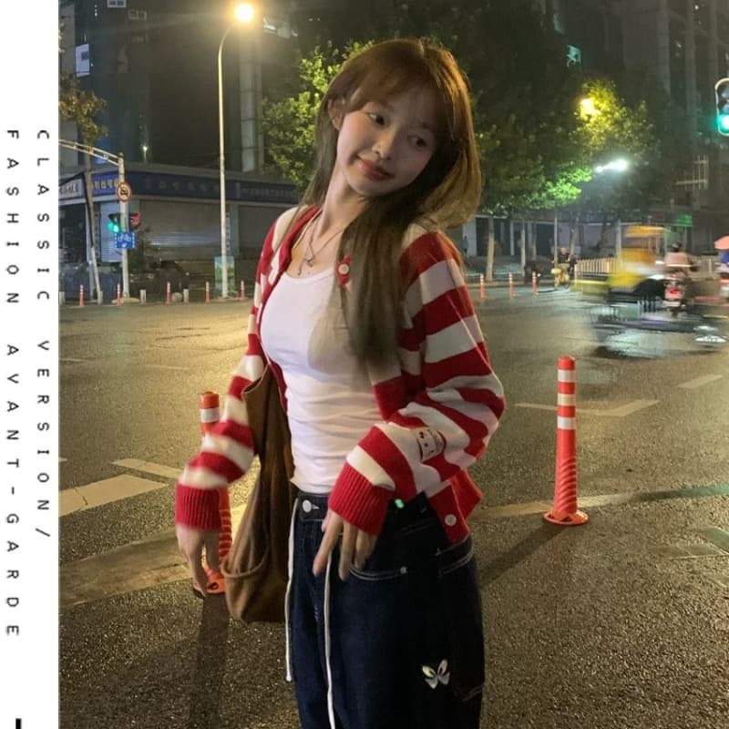 한 부서 달콤함 배색 빨간색 스트라이프 오픈 가디건 스웨터 여성 코트 작은 키 쇼트 스타일 부드러운 찹쌀 찹쌀 니트 스웨터 맨위 이미지 6