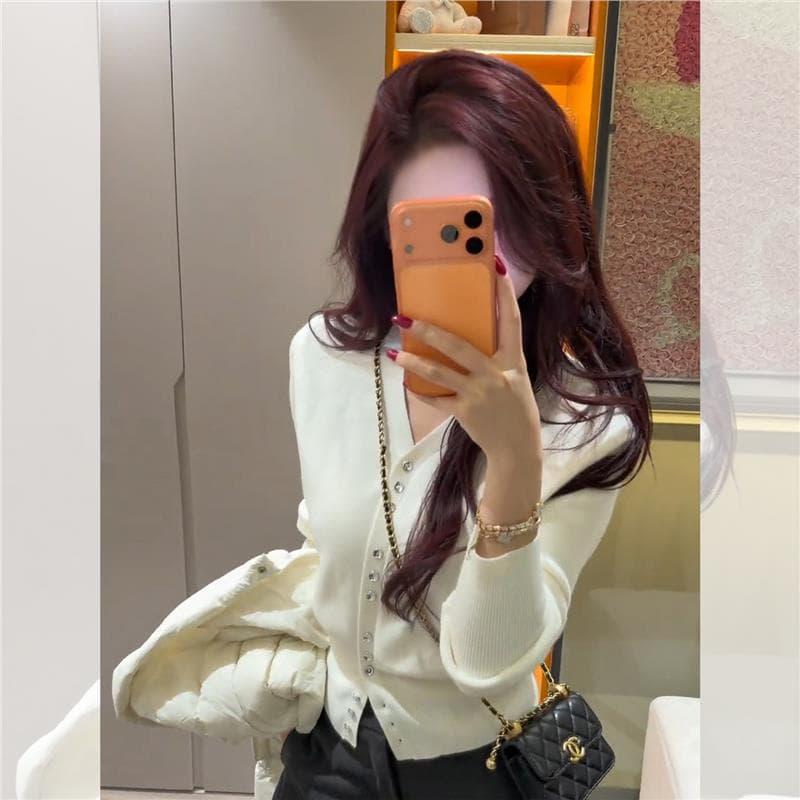 다용도 빨간색 V넥 니트 오픈 가디건 여성 가을 겨울 고급 센스 chic Chic 인사이드 가져 가라. 만나는 맨위 이미지 3