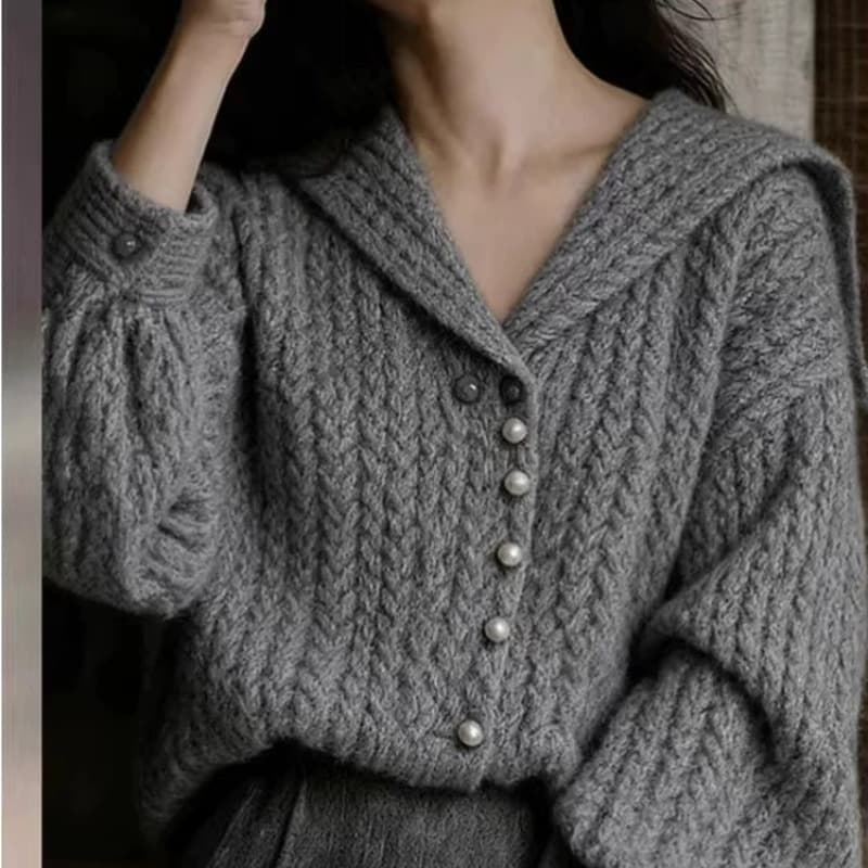 한 부서 해군 칼라 진주 버클 두꺼운 선 니트 스웨터 봄 느긋한 바람 셔츠 스타일 맨위 새로운 이미지 5
