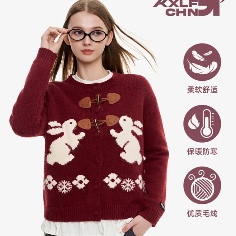 근거 없는 가을 겨울 소뿔 버클 토끼 자수 긴팔 니트 오픈 가디건 여성 다용도 스웨터 코트 이미지 5