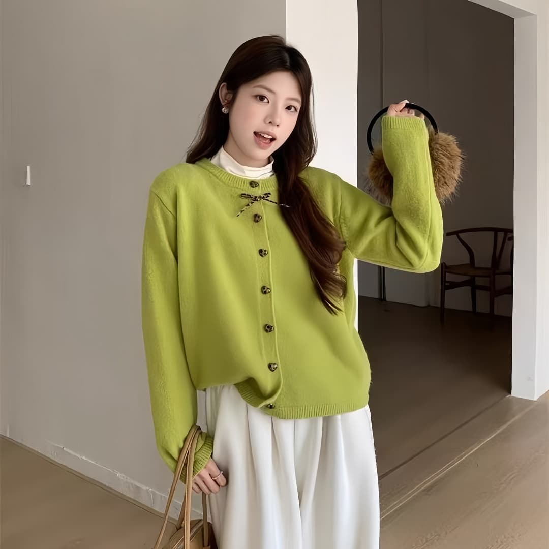 스웨터 오픈 가디건 여성 코트 가을 겨울철 외부 가져 가라. 새로운 한 부서 라운드 넥 니트 스웨터 루즈핏 달콤함 나비 매듭 맨위 상세 이미지 6