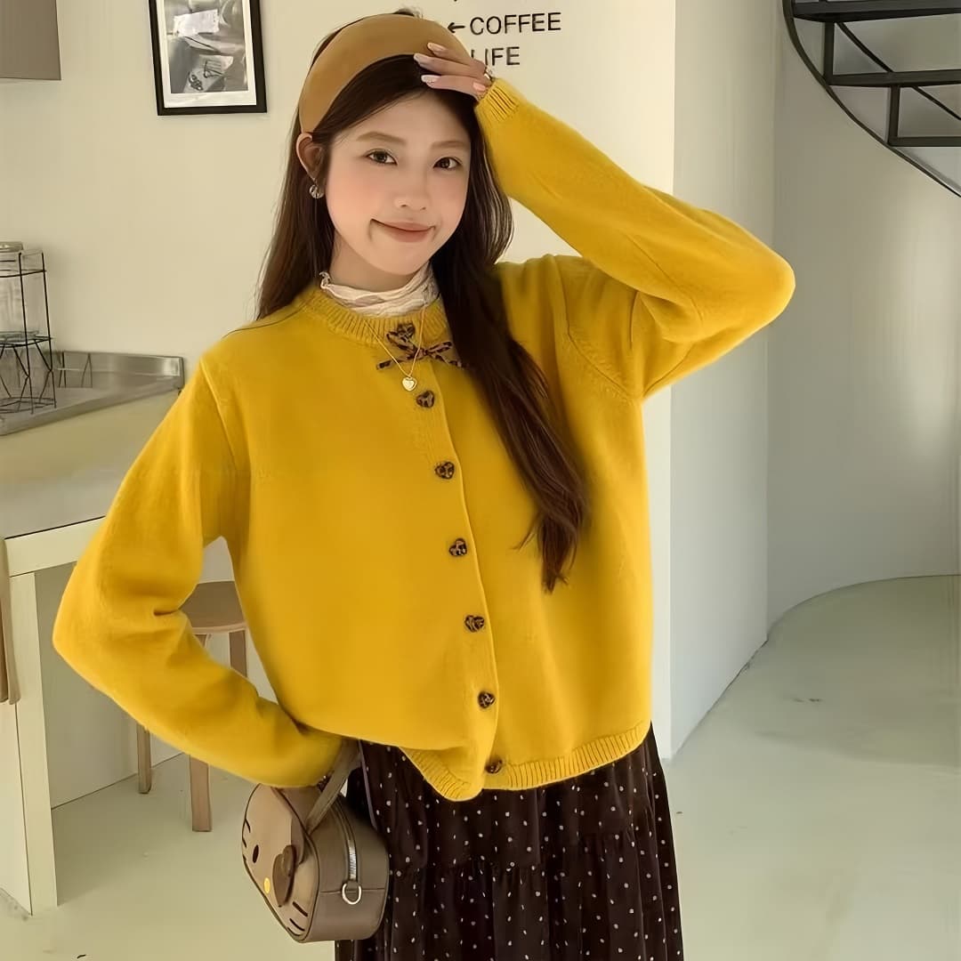 스웨터 오픈 가디건 여성 코트 가을 겨울철 외부 가져 가라. 새로운 한 부서 라운드 넥 니트 스웨터 루즈핏 달콤함 나비 매듭 맨위 상세 이미지 8