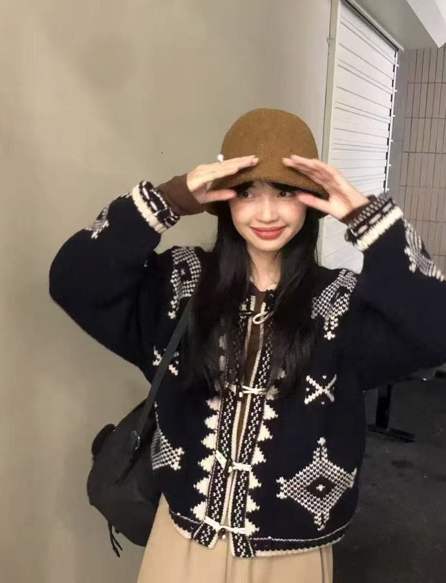 한국 동대문 전체 양모 레트로 자카드 라운드 넥 소뿔 버클 오픈 가디건 다용도 필리핀 서울 섬 스웨터 코트 이미지 2