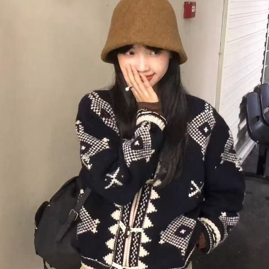 한국 동대문 전체 양모 레트로 자카드 라운드 넥 소뿔 버클 오픈 가디건 다용도 필리핀 서울 섬 스웨터 코트 이미지 5