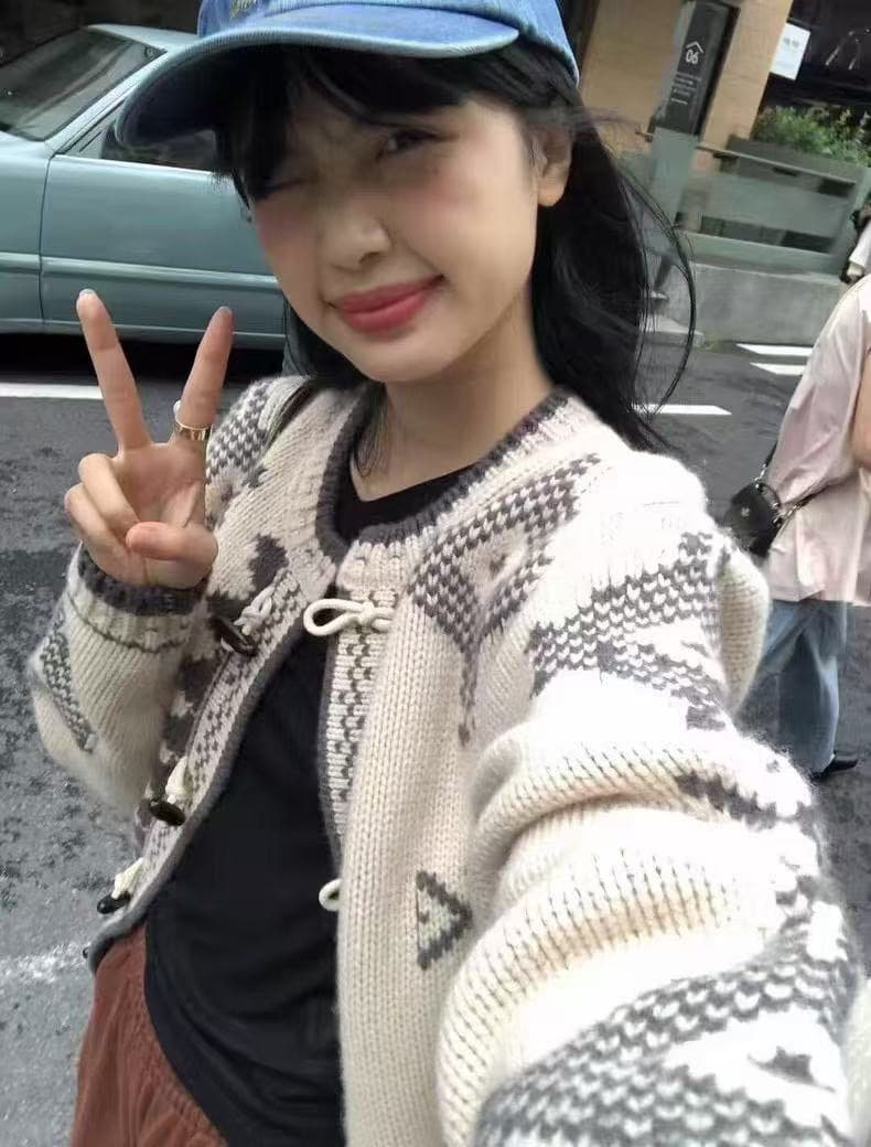 한국 동대문 전체 양모 레트로 자카드 라운드 넥 소뿔 버클 오픈 가디건 다용도 필리핀 서울 섬 스웨터 코트 상세 이미지 3