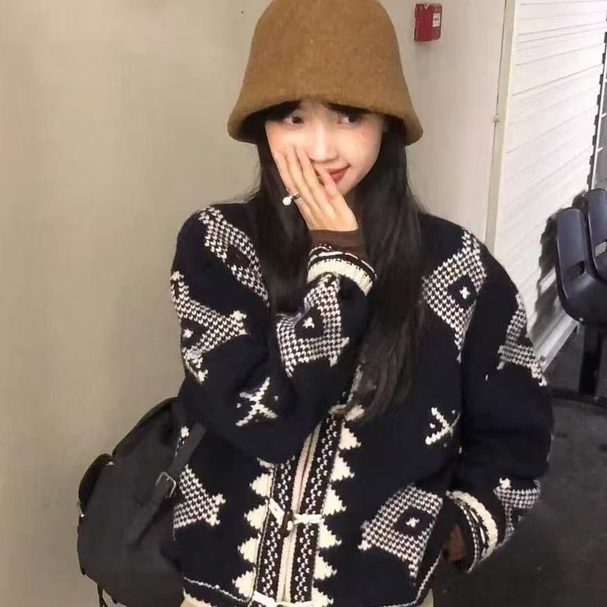 한국 동대문 전체 양모 레트로 자카드 라운드 넥 소뿔 버클 오픈 가디건 다용도 필리핀 서울 섬 스웨터 코트 상세 이미지 5