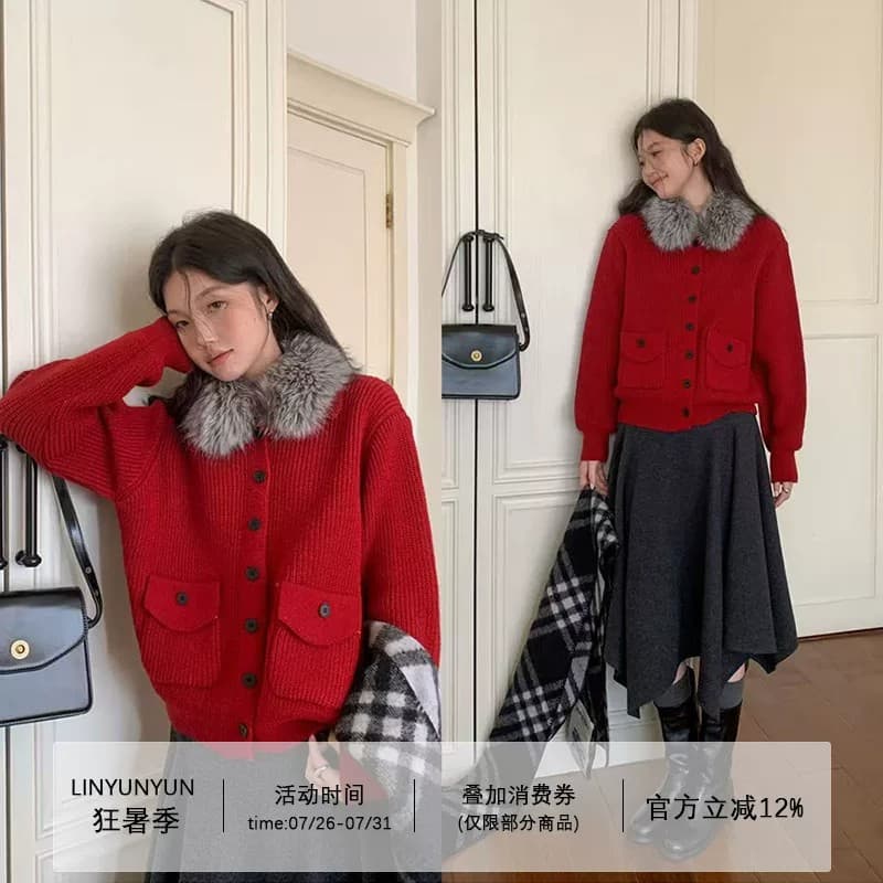 크리스마스 분위기 모피 칼라 디자인 스웨터 코트 여성 겨울 새로운 보온 빨간색 맨위 이미지 2
