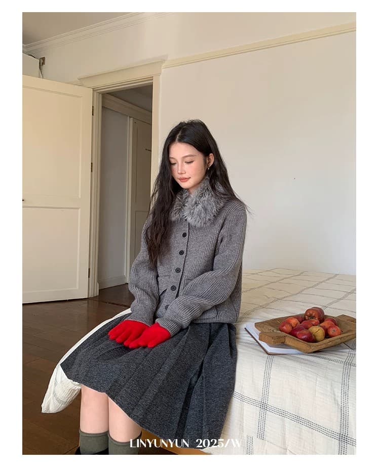 크리스마스 분위기 모피 칼라 디자인 스웨터 코트 여성 겨울 새로운 보온 빨간색 맨위 상세 이미지 5