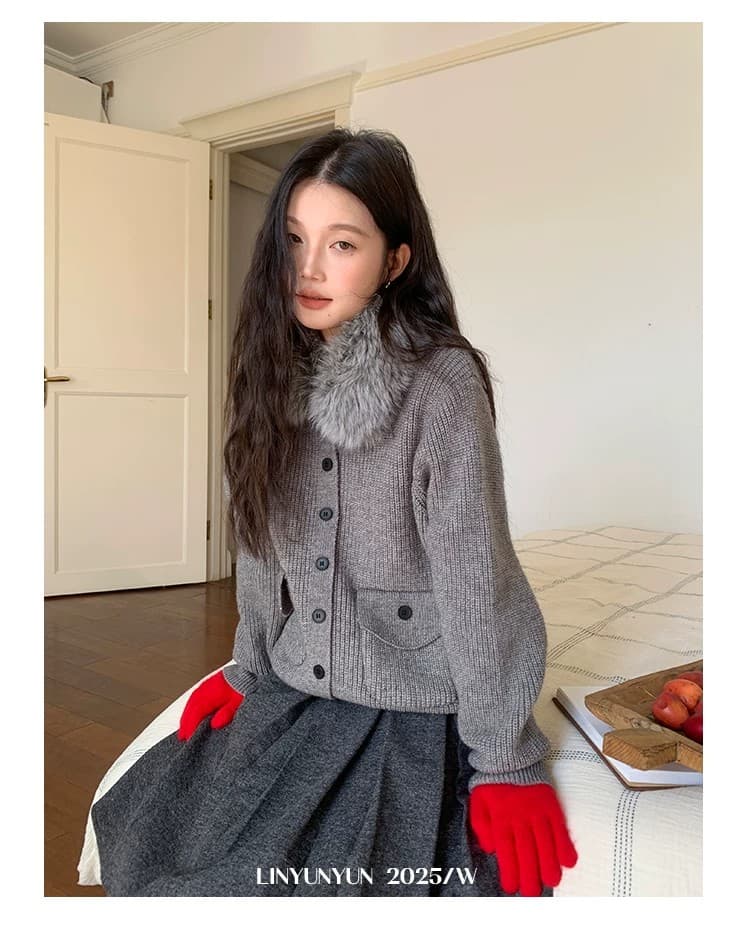 크리스마스 분위기 모피 칼라 디자인 스웨터 코트 여성 겨울 새로운 보온 빨간색 맨위 상세 이미지 6
