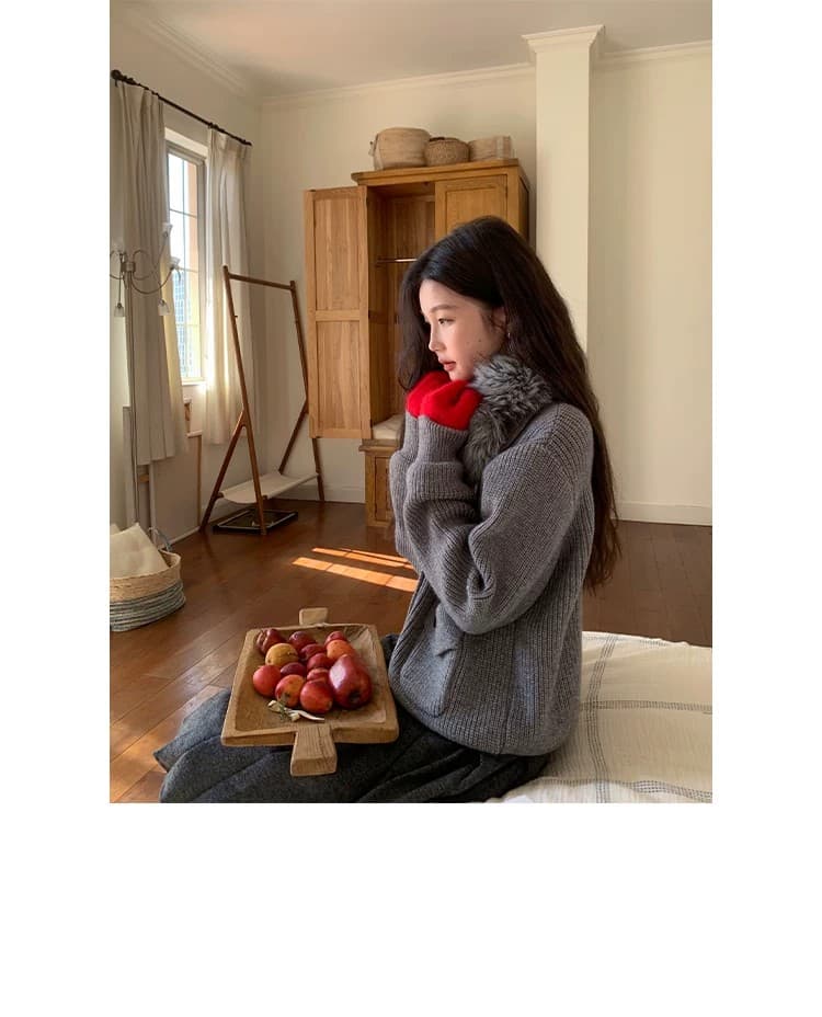 크리스마스 분위기 모피 칼라 디자인 스웨터 코트 여성 겨울 새로운 보온 빨간색 맨위 상세 이미지 9