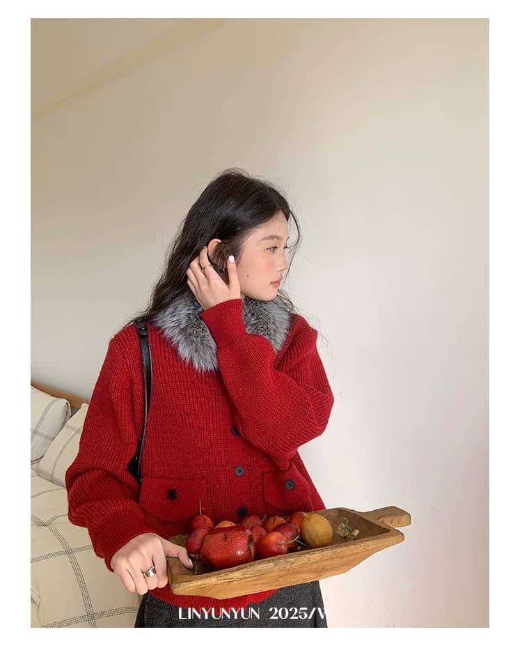 크리스마스 분위기 모피 칼라 디자인 스웨터 코트 여성 겨울 새로운 보온 빨간색 맨위 상세 이미지 11