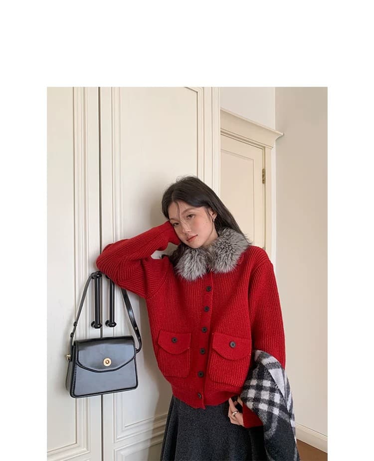 크리스마스 분위기 모피 칼라 디자인 스웨터 코트 여성 겨울 새로운 보온 빨간색 맨위 상세 이미지 26