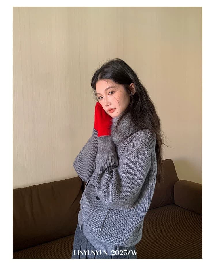 크리스마스 분위기 모피 칼라 디자인 스웨터 코트 여성 겨울 새로운 보온 빨간색 맨위 상세 이미지 33