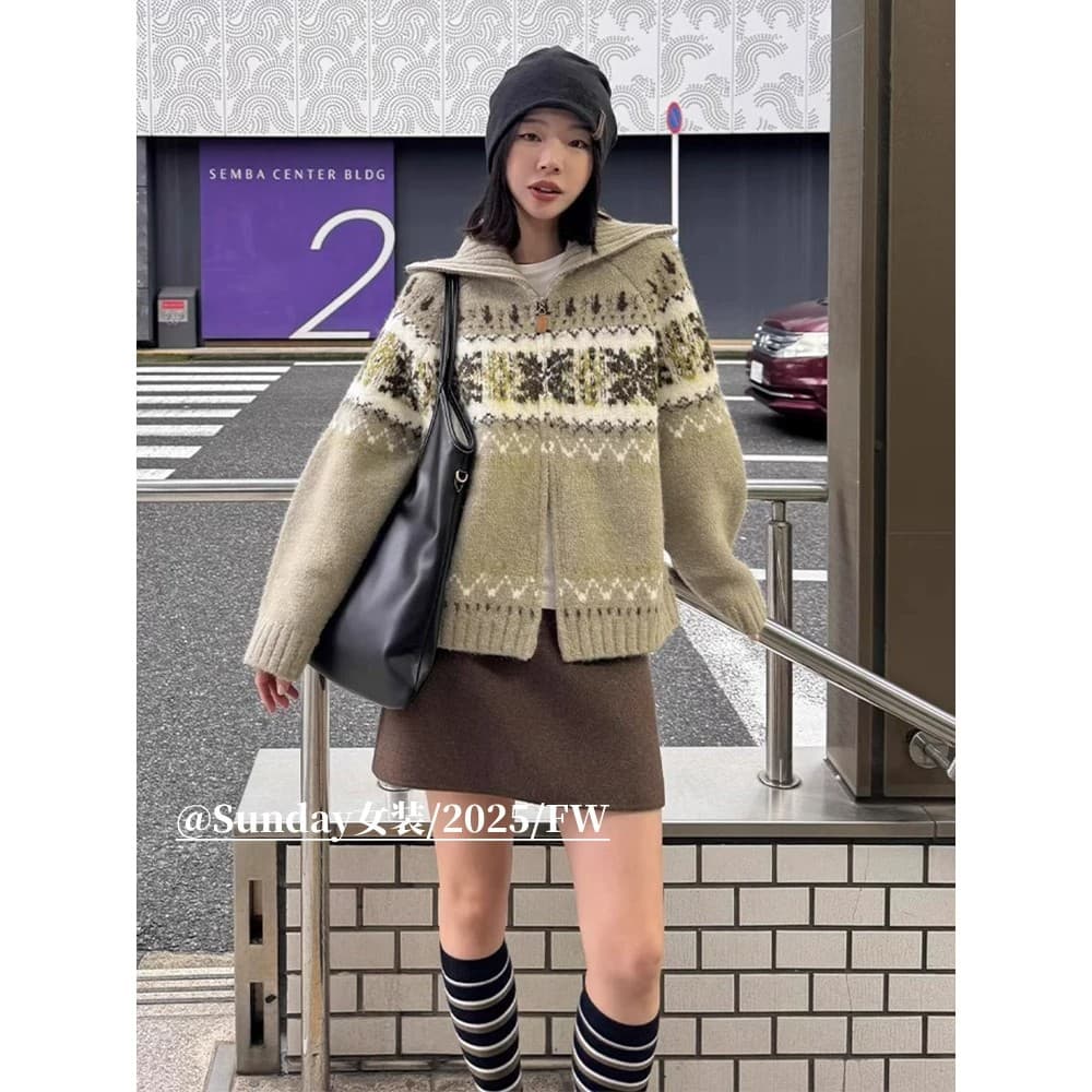 공정한 섬 배색 폴로 칼라 지퍼 니트 오픈 가디건 여성 가을 겨울철 분위기 센스 루즈핏 레트로 자카드 스웨터 코트 이미지 5