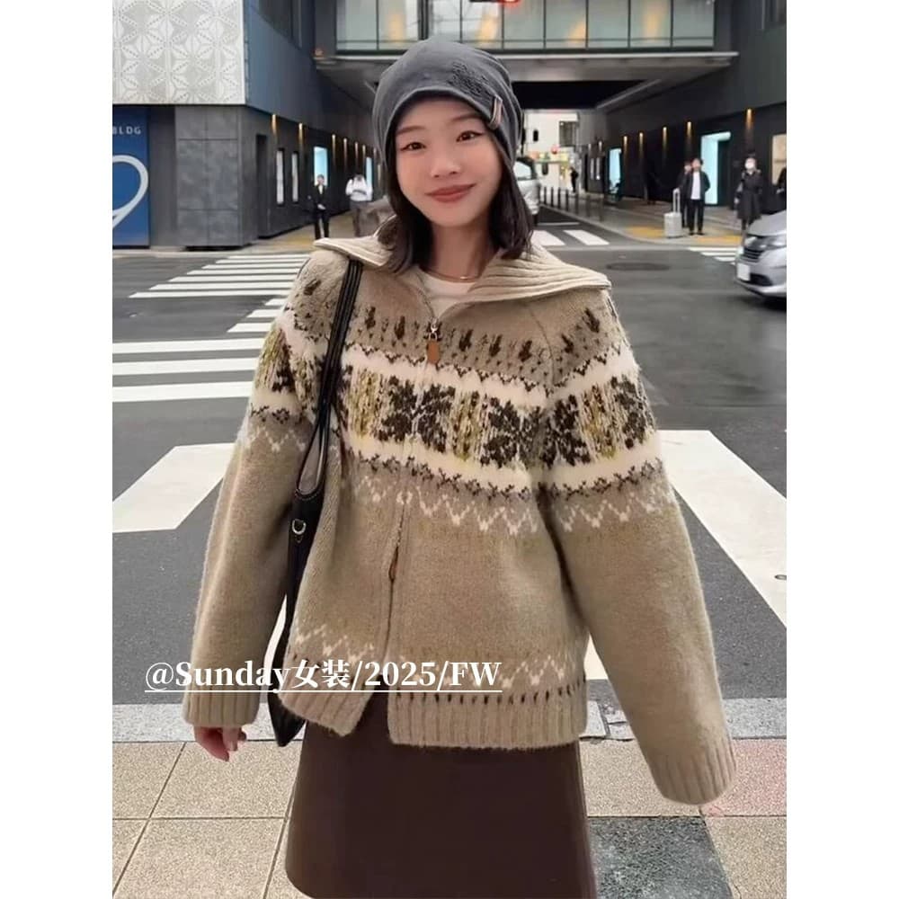 공정한 섬 배색 폴로 칼라 지퍼 니트 오픈 가디건 여성 가을 겨울철 분위기 센스 루즈핏 레트로 자카드 스웨터 코트 이미지 3
