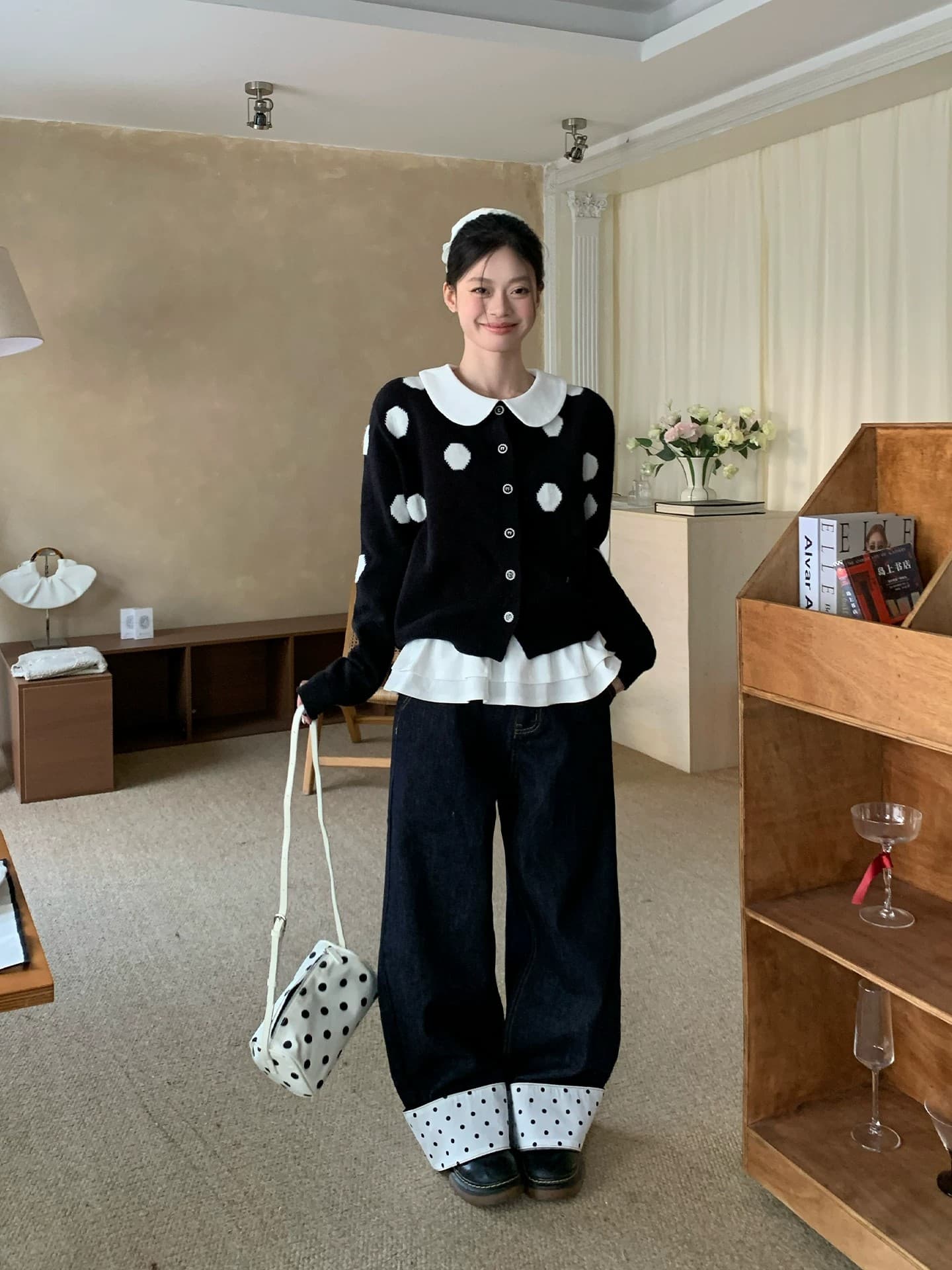 한 부서 검정색 도트 무늬 스웨터 오픈 가디건 여성 코트 가을 루즈핏 캐주얼 다용도 부드러운 찹쌀 니트 맨위 이미지 5