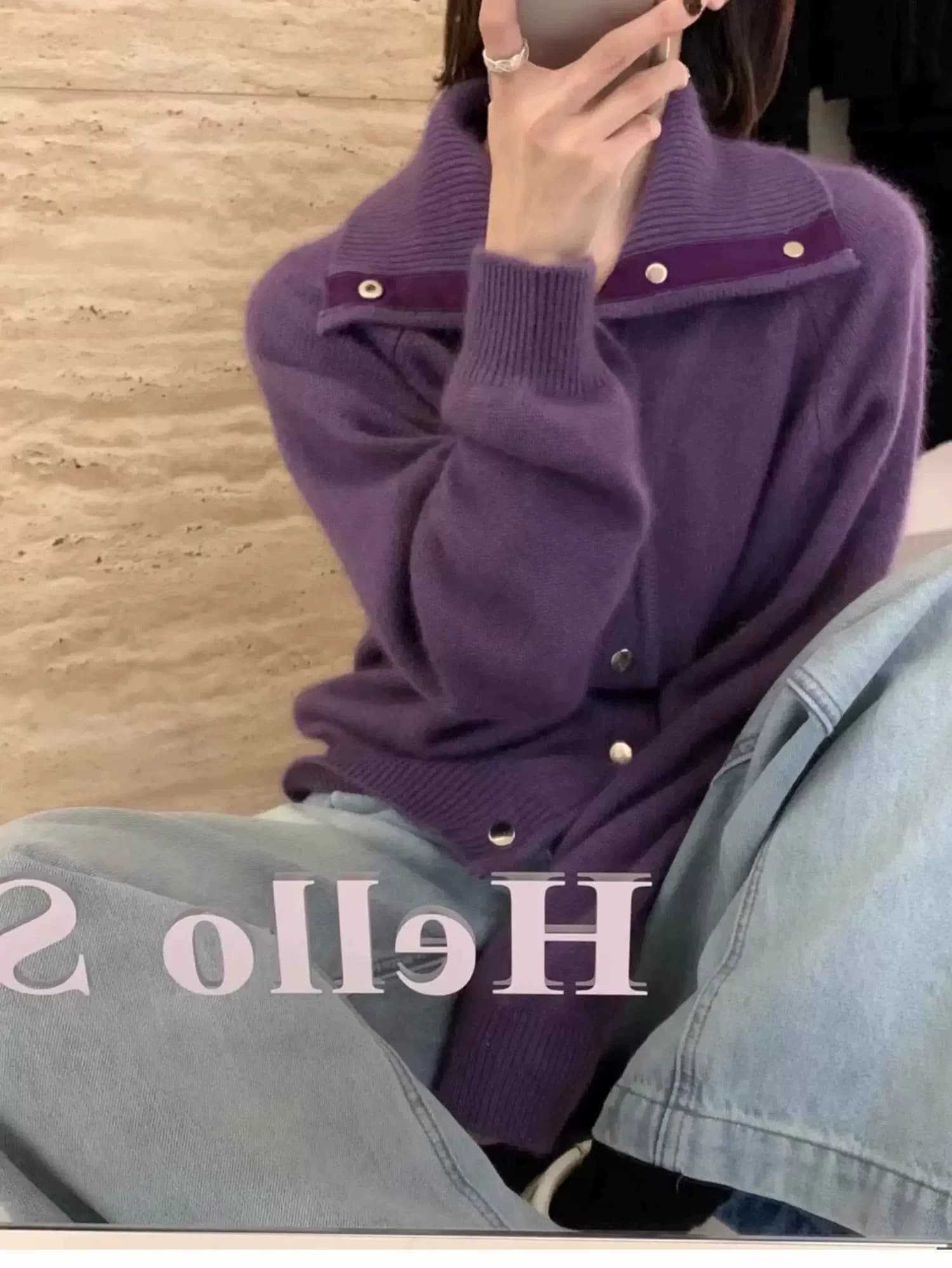 작은 샤넬 스타일 너구리 플러시 폴로 칼라 니트 오픈 가디건 여성 가을 겨울 한국 스타일 부드러운 바람 와이드 부드러운 찹쌀 다용도 스웨터 코트 이미지 4