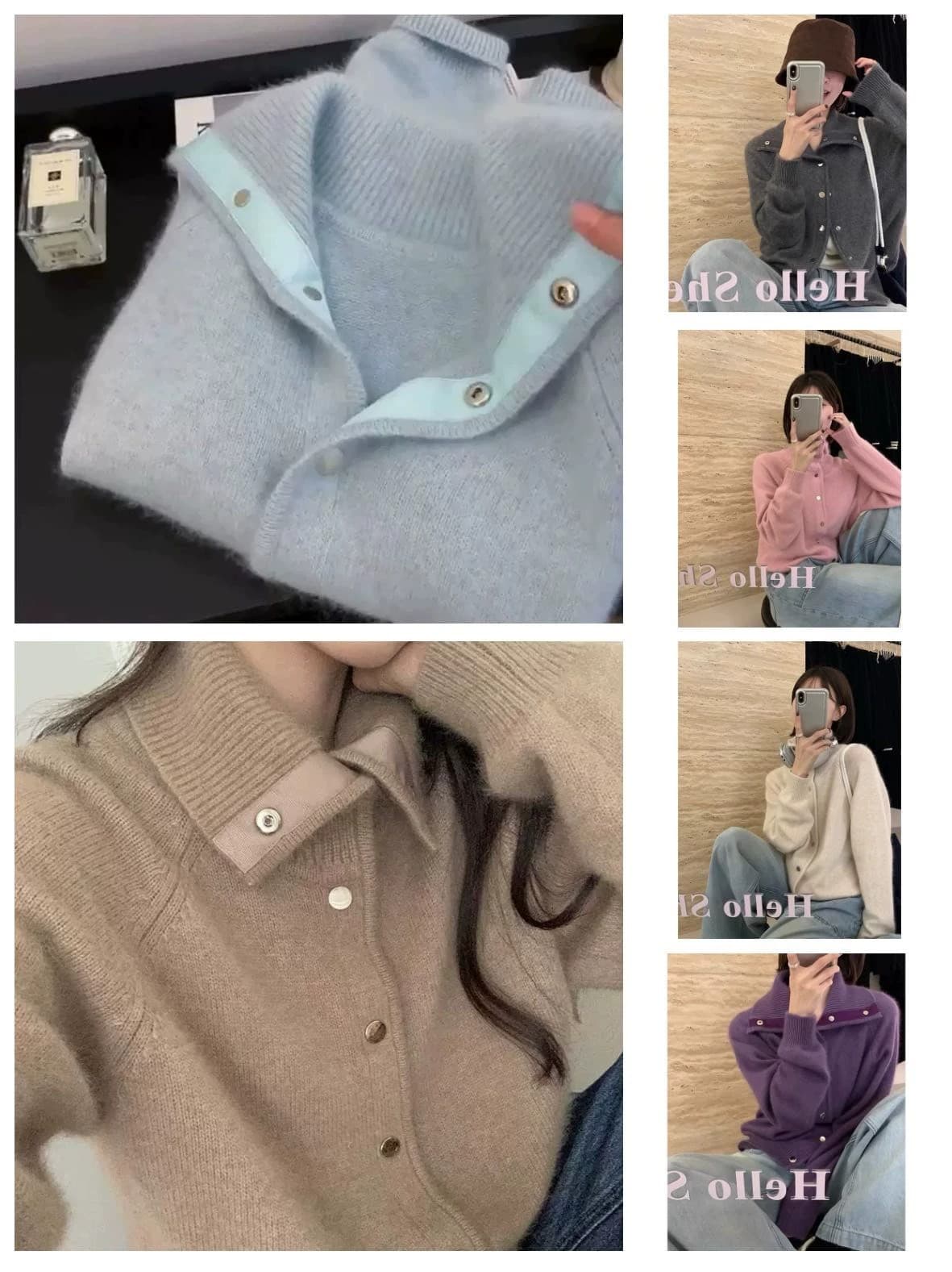 작은 샤넬 스타일 너구리 플러시 폴로 칼라 니트 오픈 가디건 여성 가을 겨울 한국 스타일 부드러운 바람 와이드 부드러운 찹쌀 다용도 스웨터 코트 상세 이미지 1