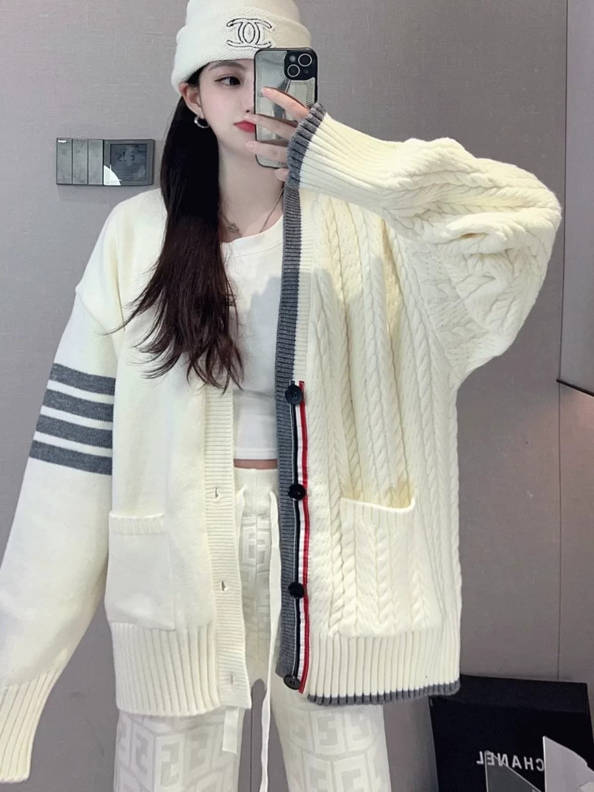 느긋한 바람 양모 니트 V넥 두 배 싸움 꽈배기 대 오픈 가디건 여성 루즈핏 슬림해 보이는 스웨터 코트 트렌디 이미지 3