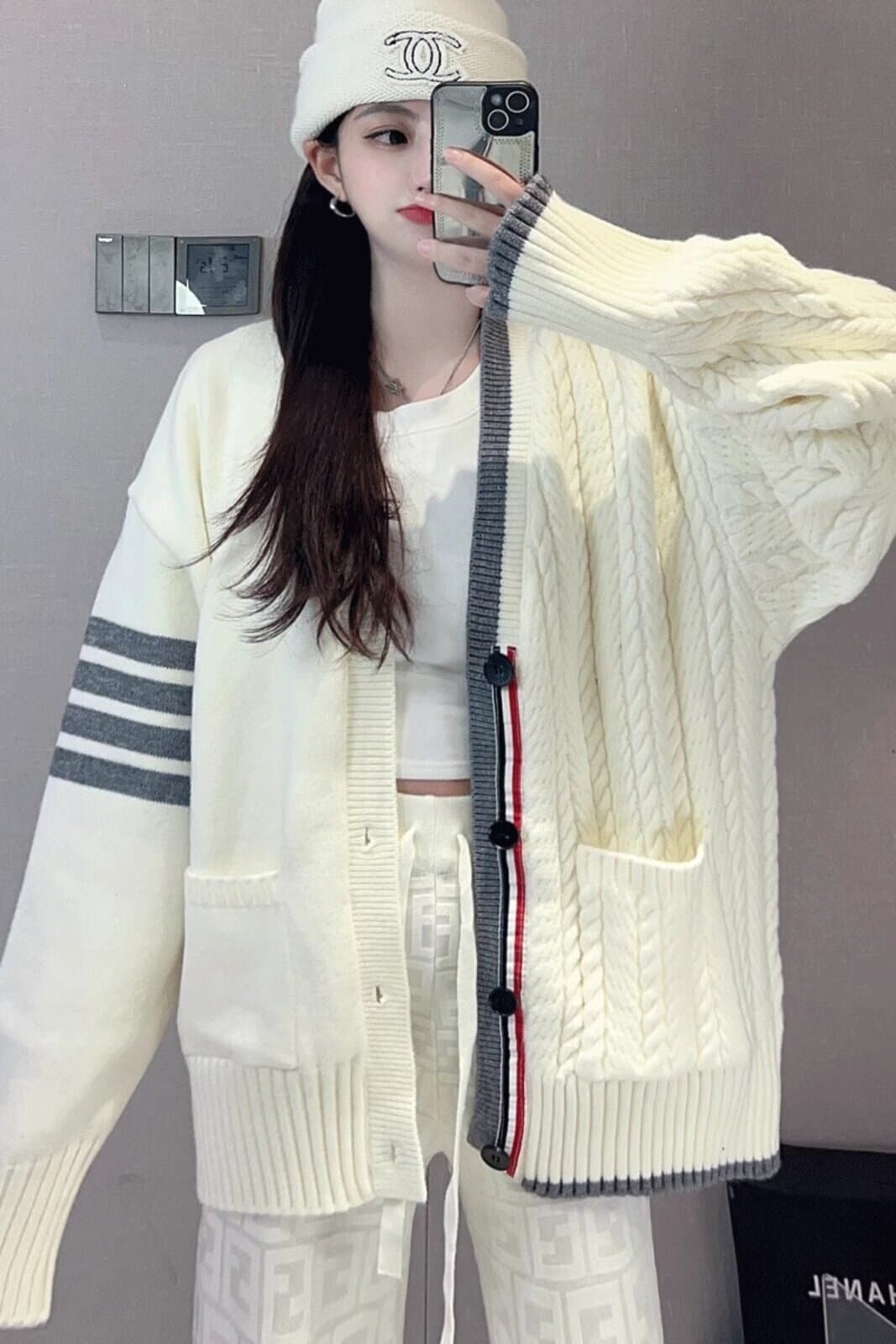 느긋한 바람 양모 니트 V넥 두 배 싸움 꽈배기 대 오픈 가디건 여성 루즈핏 슬림해 보이는 스웨터 코트 트렌디 상세 이미지 1