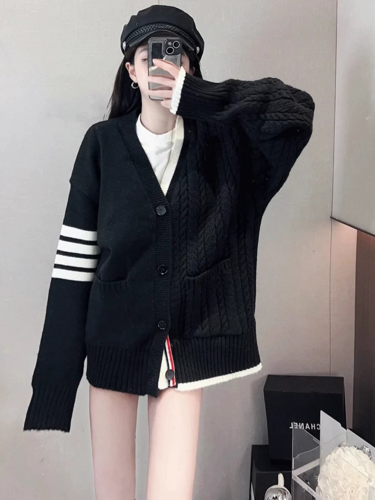 느긋한 바람 양모 니트 V넥 두 배 싸움 꽈배기 대 오픈 가디건 여성 루즈핏 슬림해 보이는 스웨터 코트 트렌디 상세 이미지 6