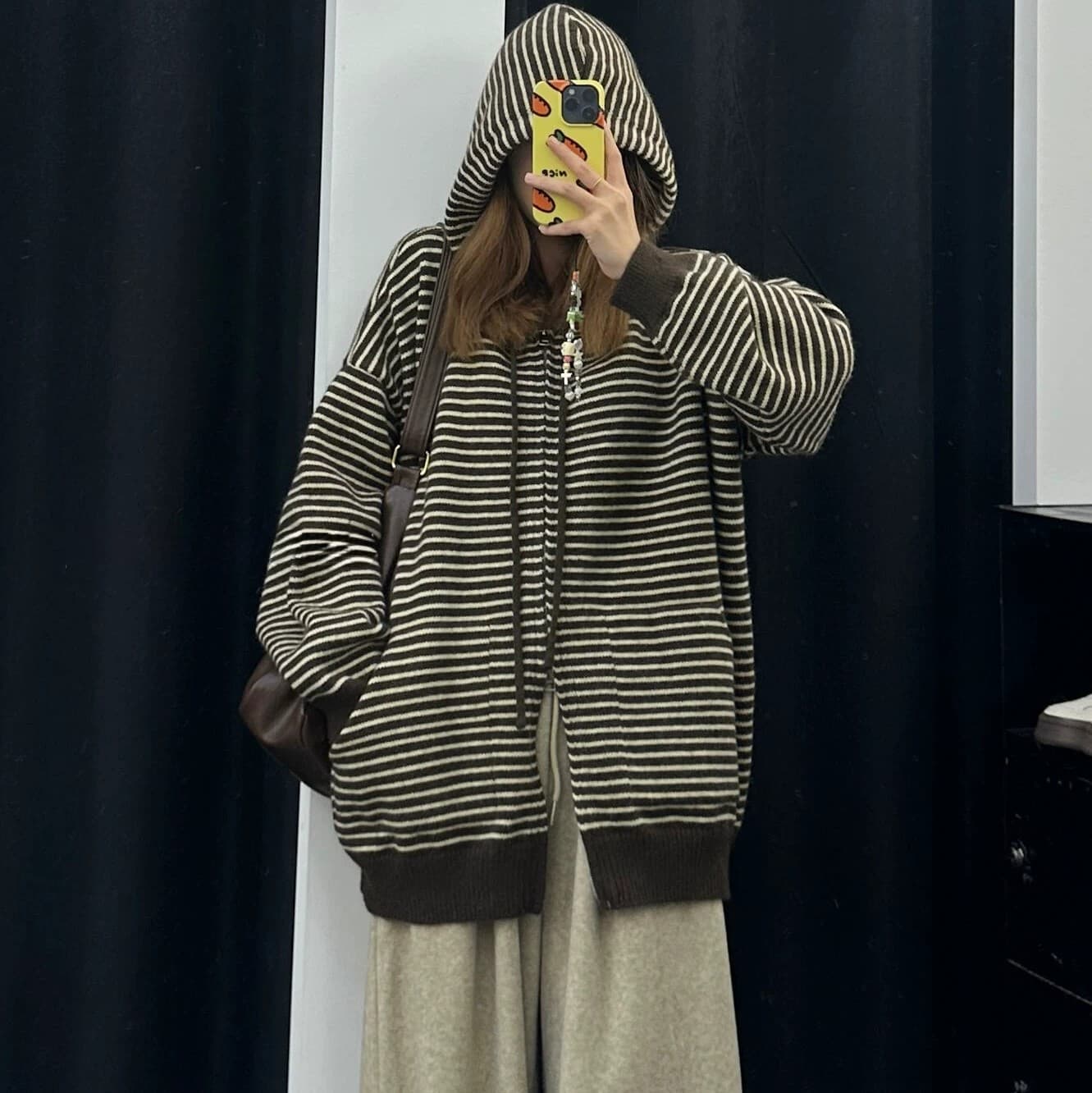 레트로 스트라이프 후드 스웨터 여성 코트 가을 겨울 루즈핏 느긋한 바람 지퍼 긴팔 두꺼운 다용도 니트 오픈 가디건 상세 이미지 5