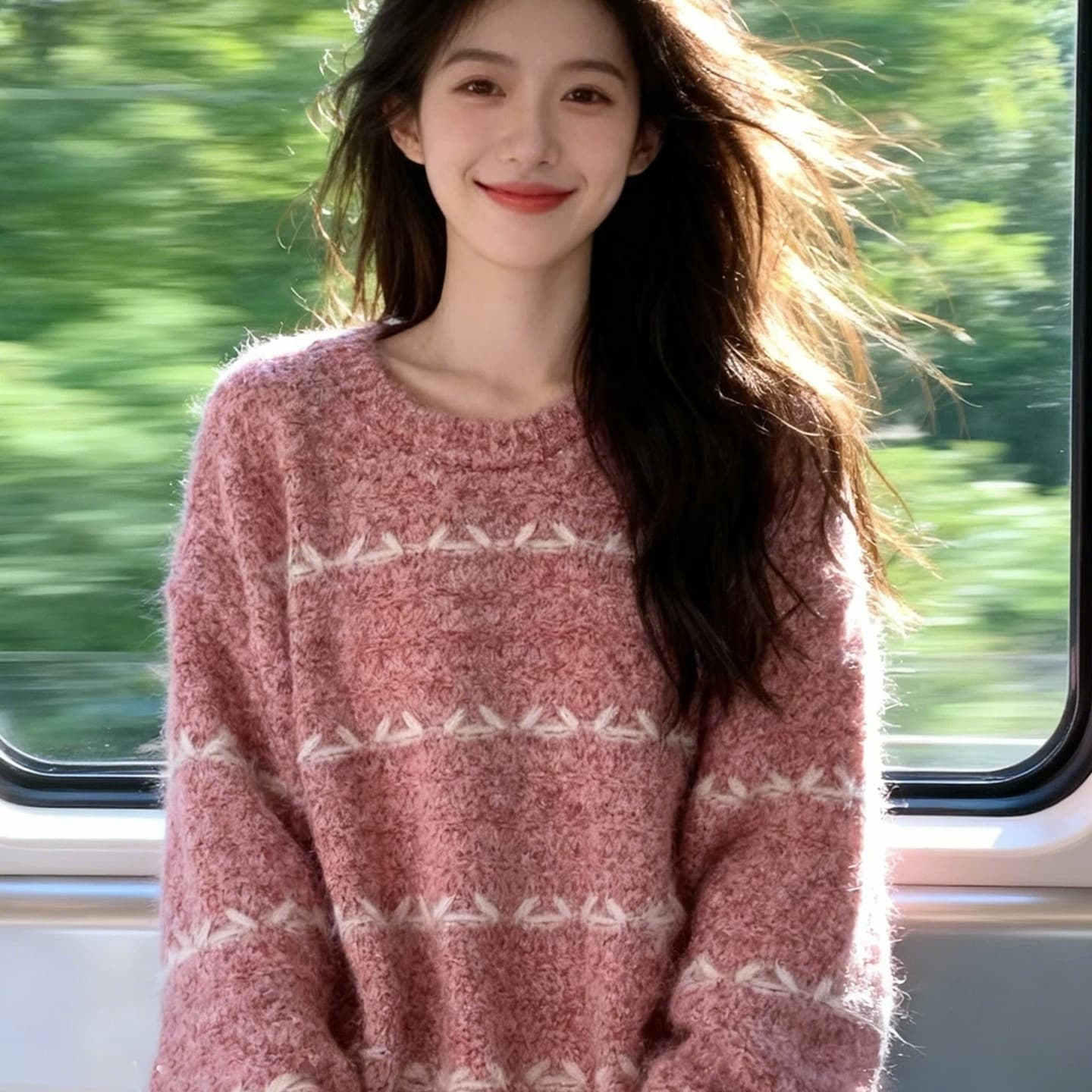 분위기 센스 가을 겨울 달콤한 자매 바람 착용 가져 가라. 핑크색 플리스 질감 세부 사항 디자인 슬림해 보이는 느슨함 거리 바람 스웨터 여자 이미지 5