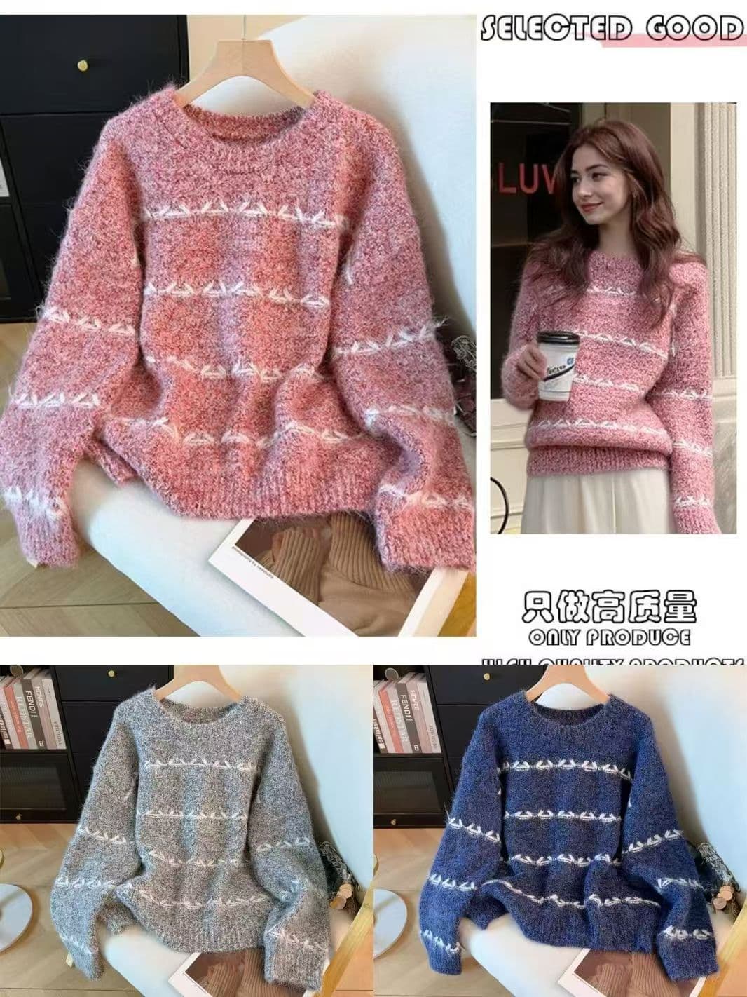 분위기 센스 가을 겨울 달콤한 자매 바람 착용 가져 가라. 핑크색 플리스 질감 세부 사항 디자인 슬림해 보이는 느슨함 거리 바람 스웨터 여자 상세 이미지 1