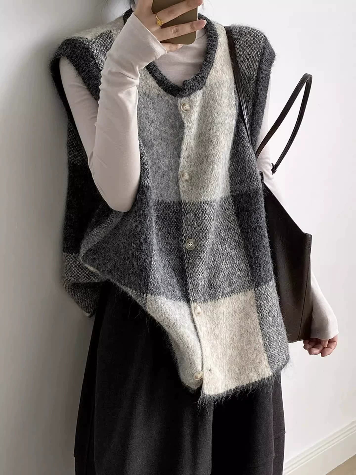 레트로 체크무늬 니트 조끼 여자 봄 가을 스택 착용 인사이드 가져 가라. 스웨터 조끼 민소매 느긋한 느슨함 센스 외출용 조끼 이미지 2