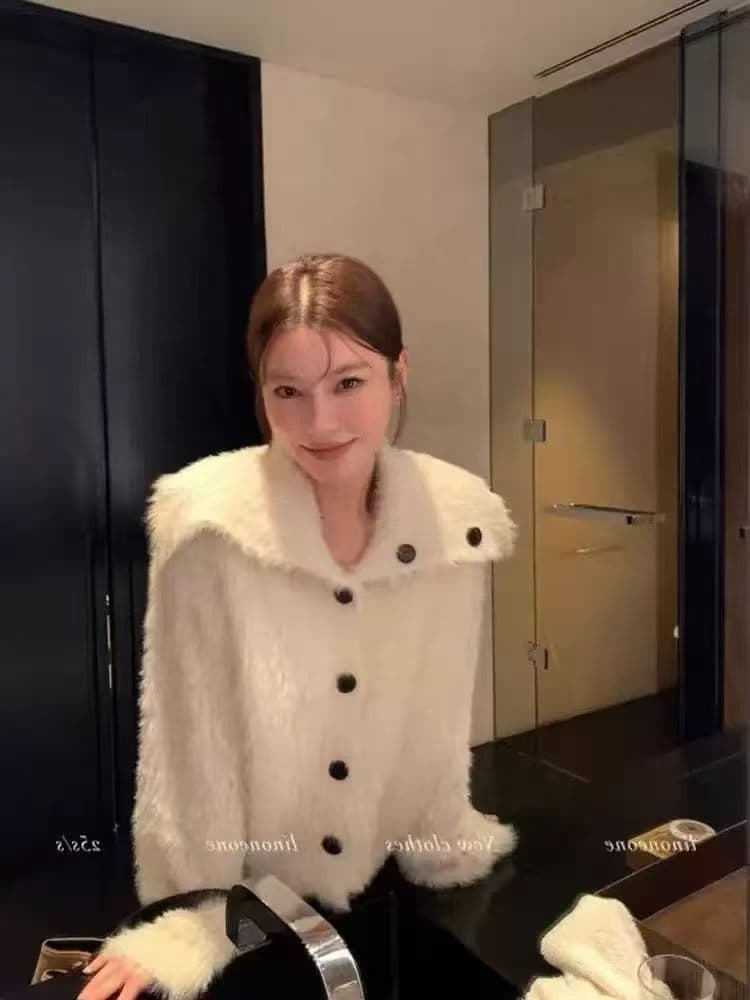 한 부서 화이트 빅 칼라 털이 많은 니트 오픈 가디건 여성 겨울 품격 보온 맨위 이미지 2