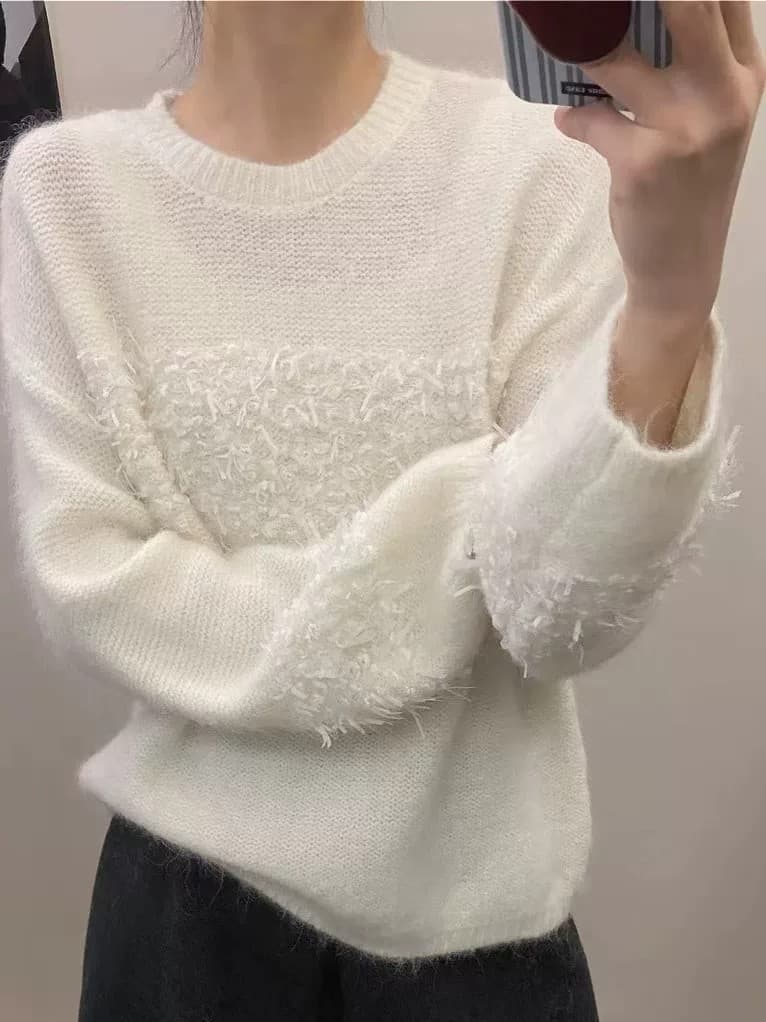 회색 풀오버 당겨서 털털 의류 여성 가을 겨울 부드러운 찹쌀 루즈핏 연령 감소 슬림해 보이는 홀로우 아웃 양 타조 울 니트 스웨터 맨위 이미지 2