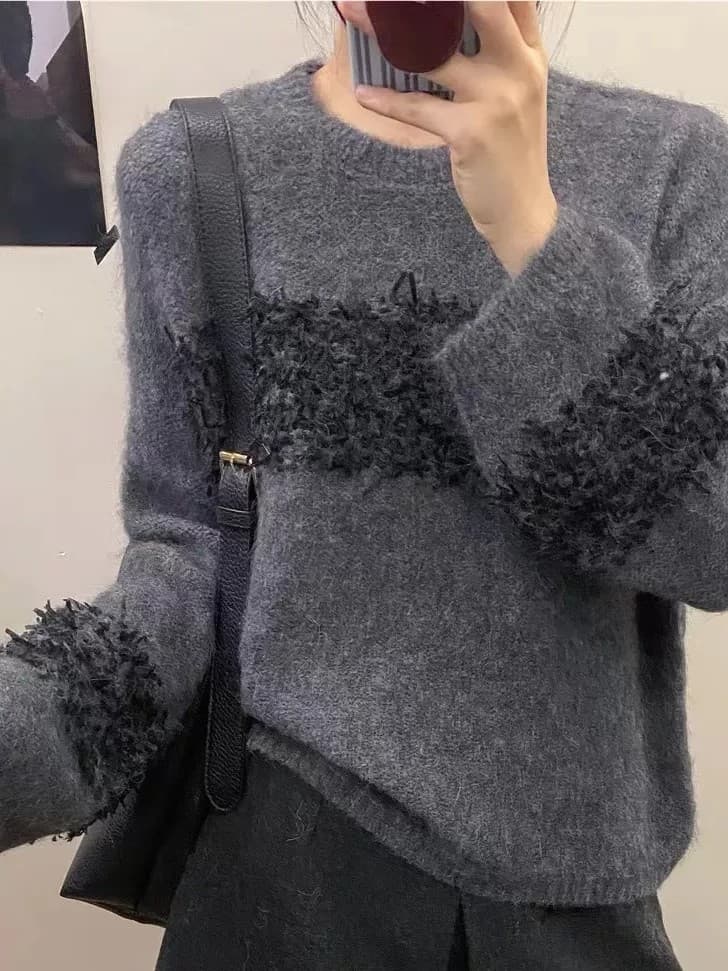 회색 풀오버 당겨서 털털 의류 여성 가을 겨울 부드러운 찹쌀 루즈핏 연령 감소 슬림해 보이는 홀로우 아웃 양 타조 울 니트 스웨터 맨위