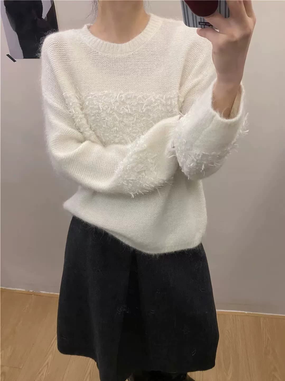 회색 풀오버 당겨서 털털 의류 여성 가을 겨울 부드러운 찹쌀 루즈핏 연령 감소 슬림해 보이는 홀로우 아웃 양 타조 울 니트 스웨터 맨위 상세 이미지 4