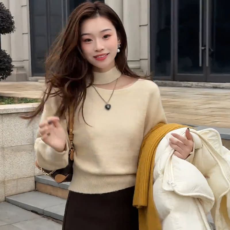 느긋한 바람 행침 목 반하이넥 패션 털 니트 스웨터 여성 2026 겨울 새로운 루즈핏 슬림해 보이는 기본 셔츠 맨위 상세 이미지 1