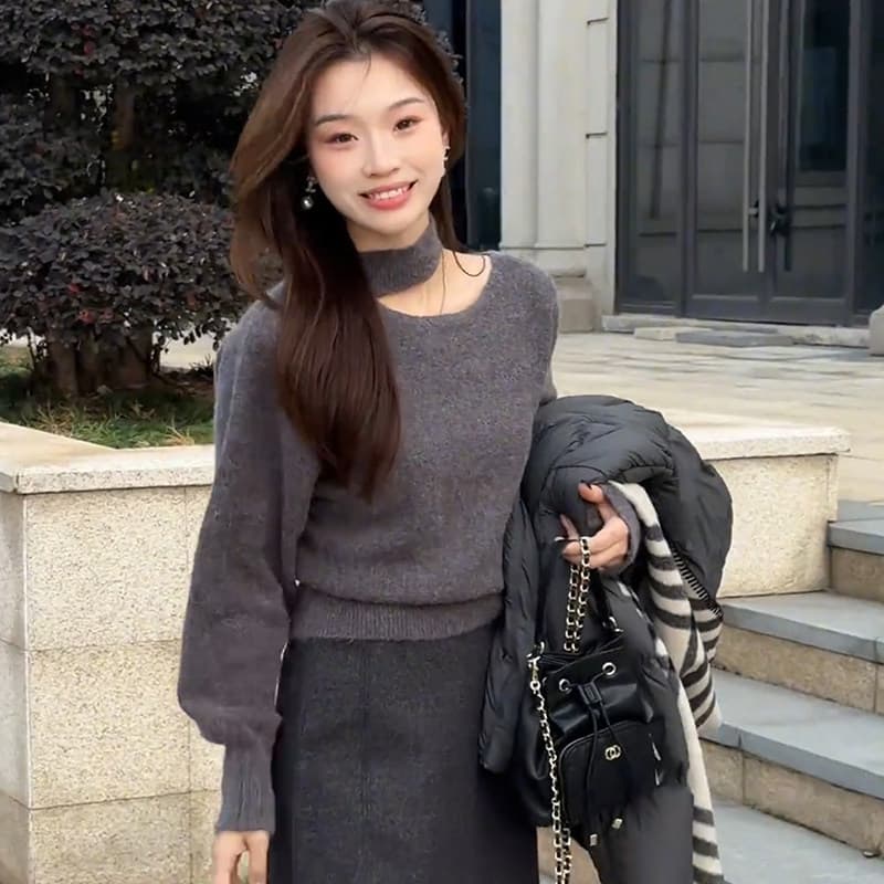 느긋한 바람 행침 목 반하이넥 패션 털 니트 스웨터 여성 2026 겨울 새로운 루즈핏 슬림해 보이는 기본 셔츠 맨위 상세 이미지 2