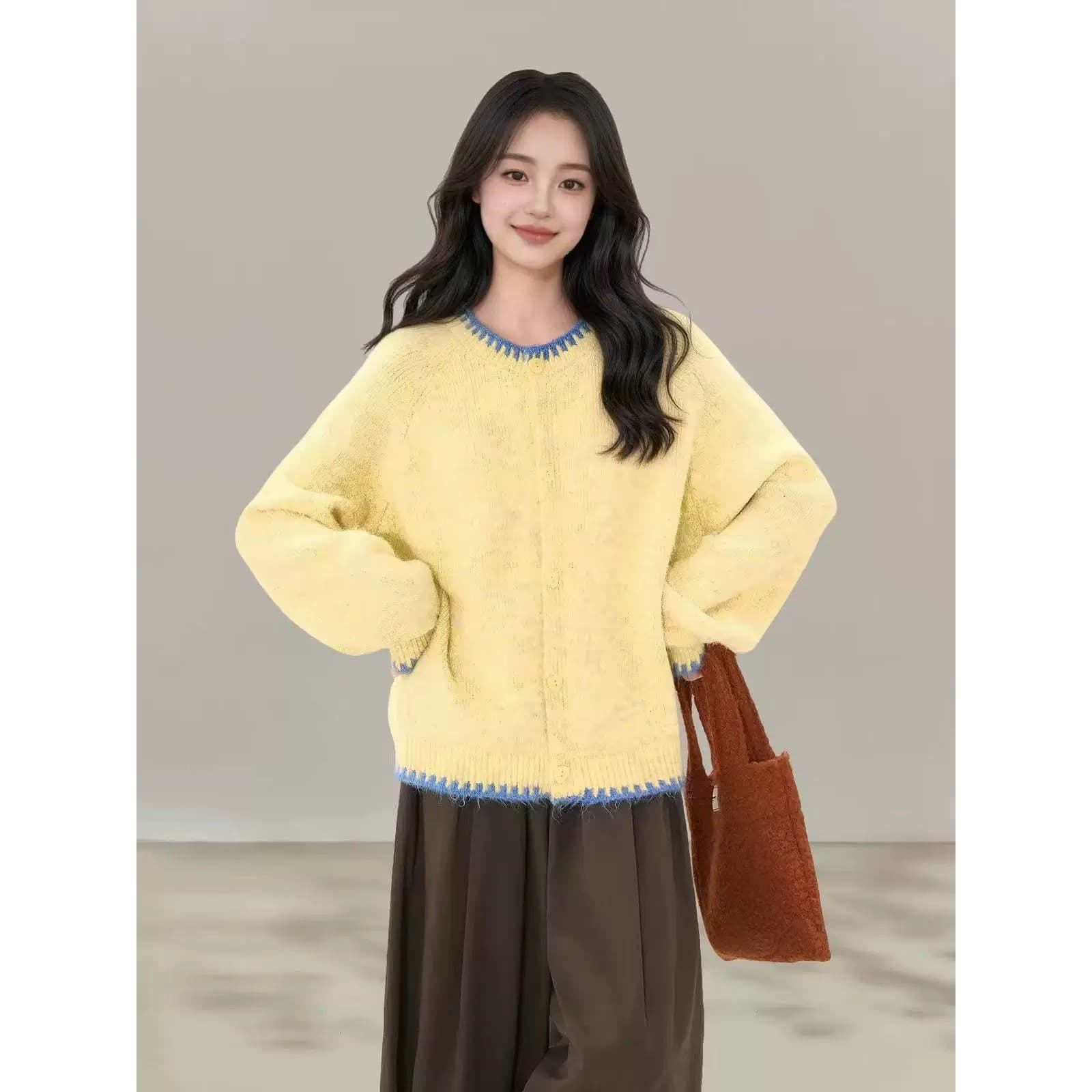 레트로 배색 라운드 넥 니트 오픈 가디건 기타 색상 입력 느긋한 루즈핏 슬림해 보이는 부드러운 찹쌀 모피 스웨터 여자 상세 이미지 5