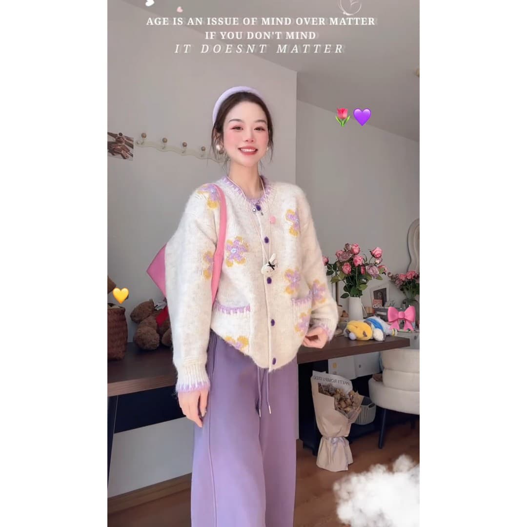느긋한 바람 회색 긍정적 인 어깨 스웨터 여성 코트 2026 이른 봄 새로운 빅 사이즈 지방 mm 꽃 자수 니트 오픈 가디건 상세 이미지 2