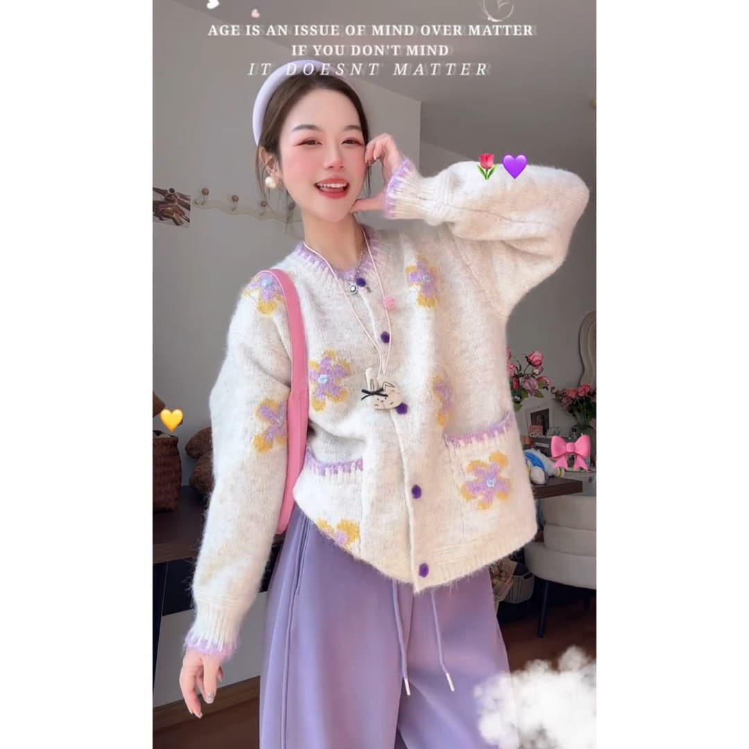 느긋한 바람 회색 긍정적 인 어깨 스웨터 여성 코트 2026 이른 봄 새로운 빅 사이즈 지방 mm 꽃 자수 니트 오픈 가디건 상세 이미지 3
