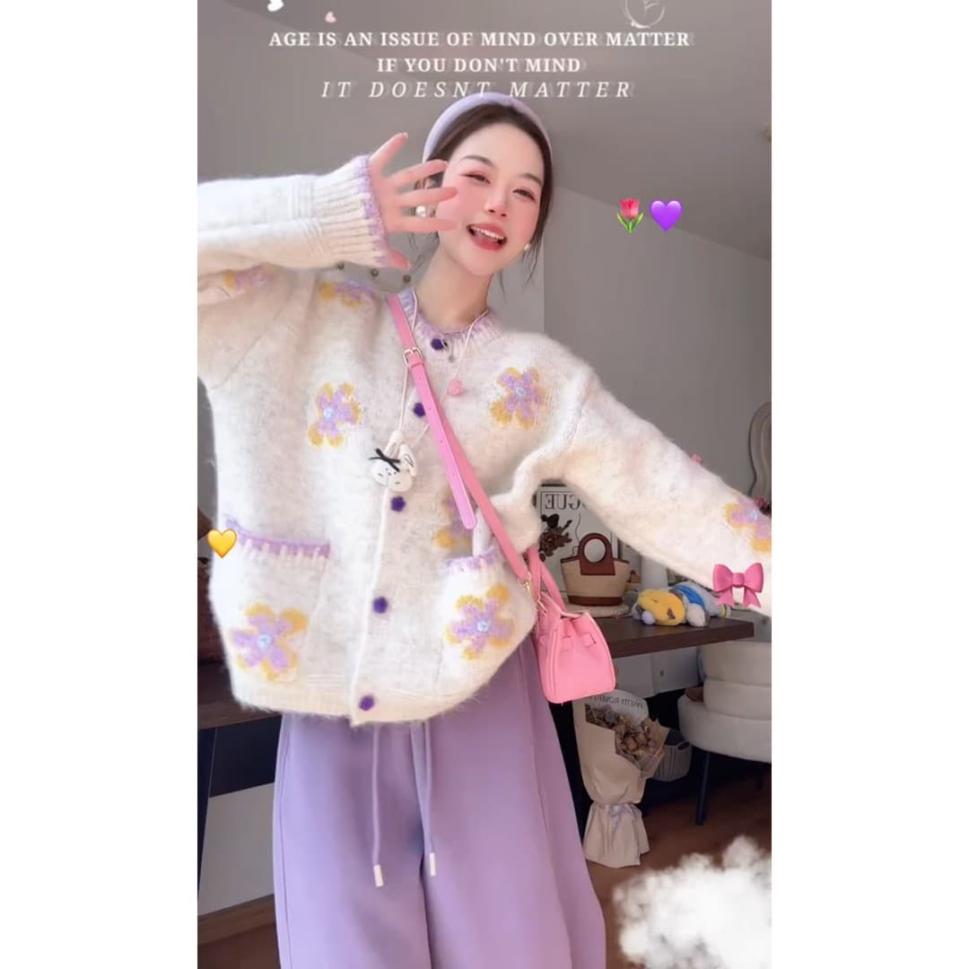 느긋한 바람 회색 긍정적 인 어깨 스웨터 여성 코트 2026 이른 봄 새로운 빅 사이즈 지방 mm 꽃 자수 니트 오픈 가디건 상세 이미지 5