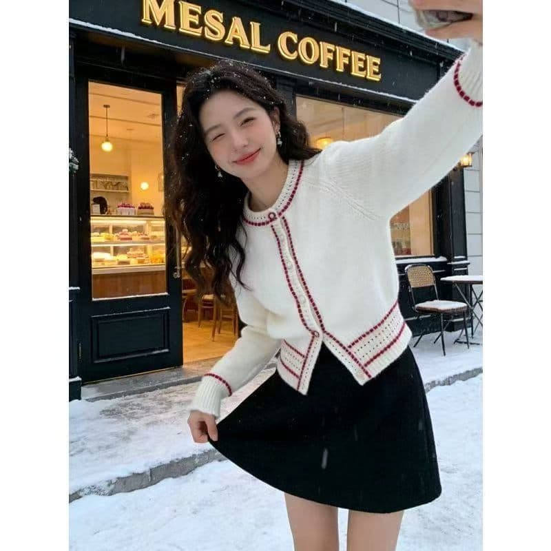 레트로 익스트림 제인 바람 캐주얼 와 성별 일상 출퇴근 인기 살구 색상 맨위 여성 2026 이른 봄 패치워크 색상 스웨터 오픈 가디건 상세 이미지 1
