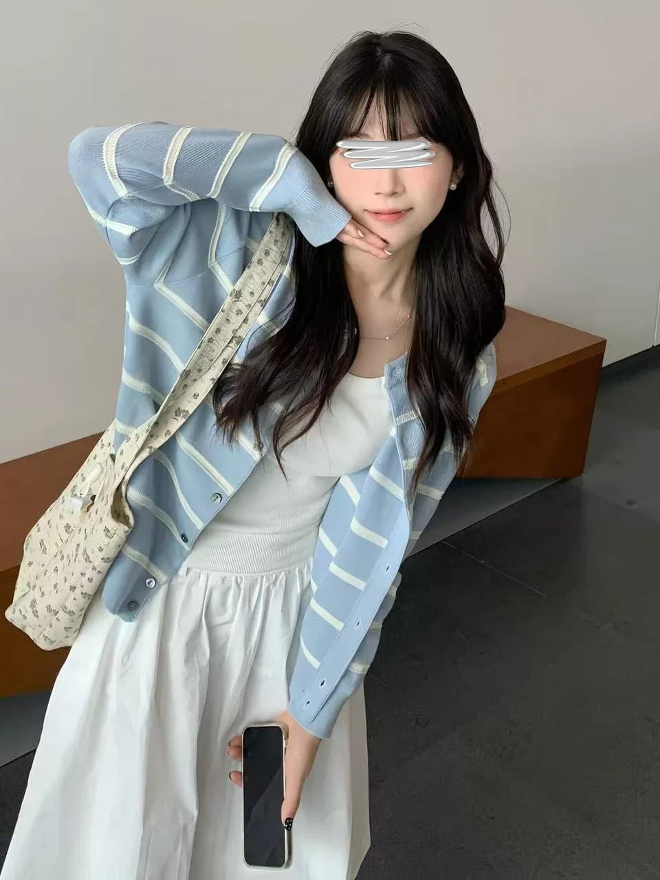 우유 파란색 스트라이프 패치워크 색상 스웨터 오픈 가디건 한 부서 부드러운 바람 작은 키 부드러운 찹쌀 baby 블루 니트 스웨터 여성 코트 이미지 2