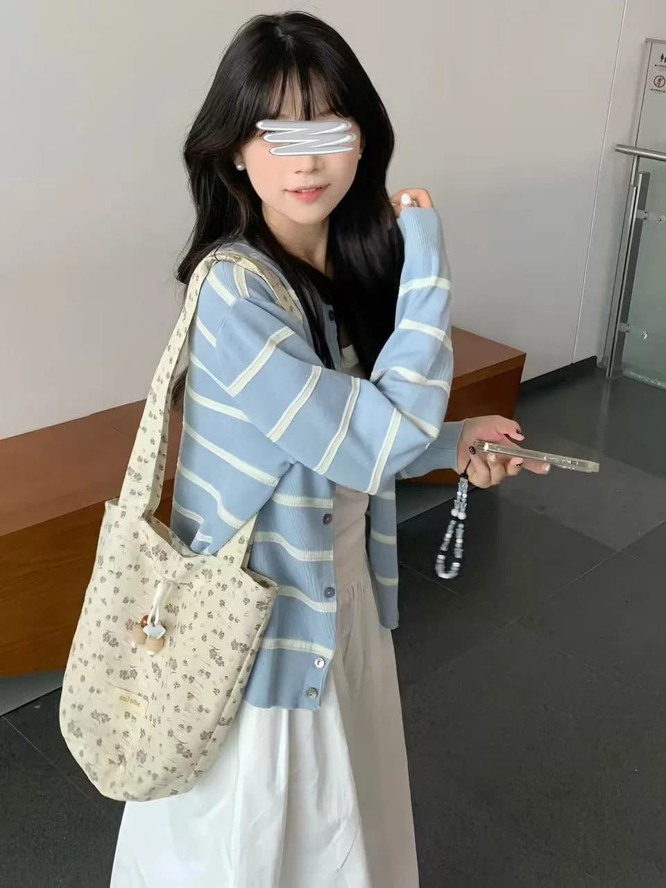 우유 파란색 스트라이프 패치워크 색상 스웨터 오픈 가디건 한 부서 부드러운 바람 작은 키 부드러운 찹쌀 baby 블루 니트 스웨터 여성 코트 이미지 4