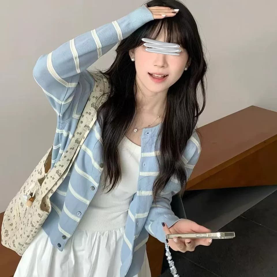 우유 파란색 스트라이프 패치워크 색상 스웨터 오픈 가디건 한 부서 부드러운 바람 작은 키 부드러운 찹쌀 baby 블루 니트 스웨터 여성 코트 이미지 5